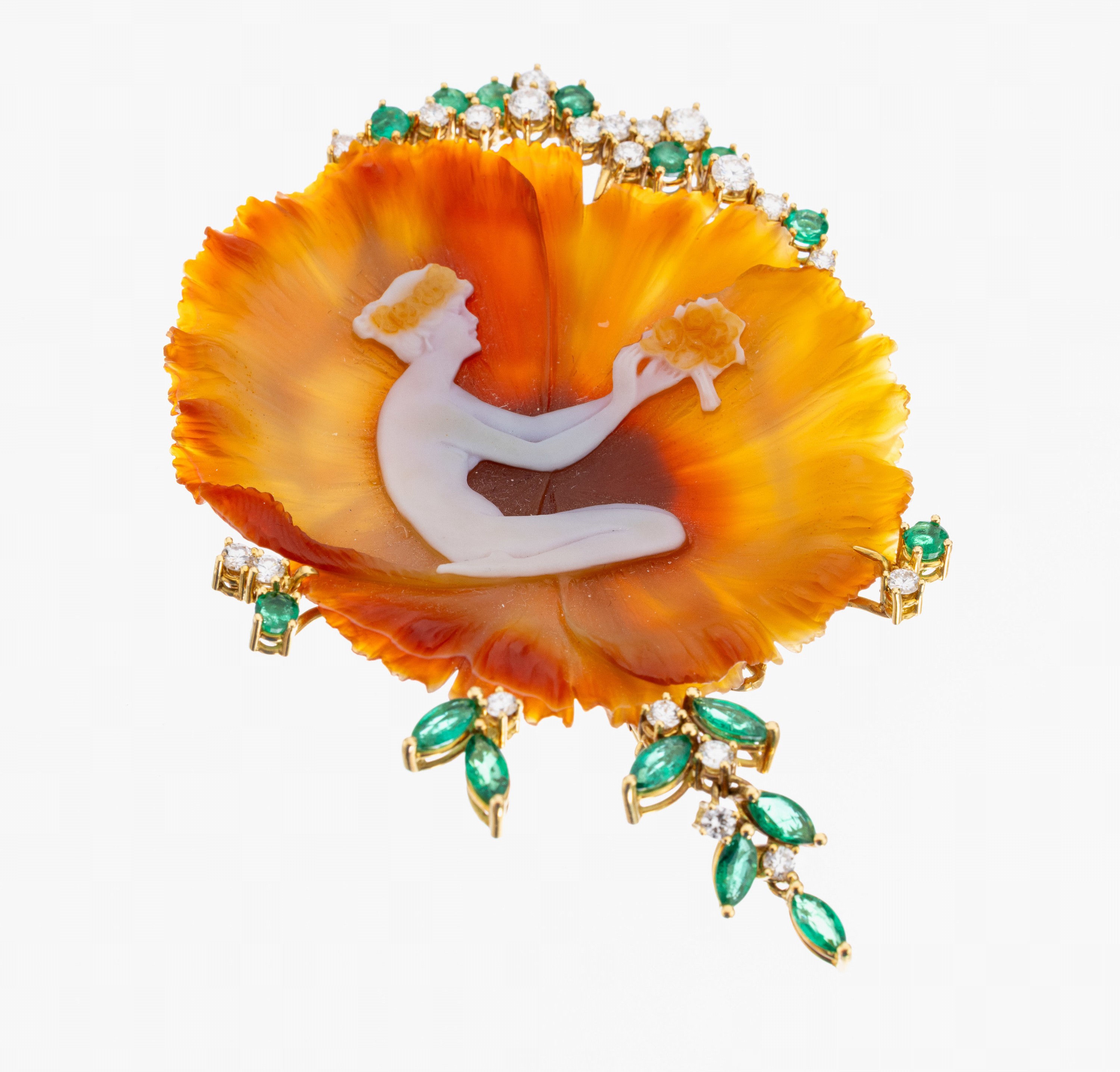 Image 26986045 - 18 kt Gold Achat-Smaragd-Brillant-Brosche, GG 750/000, Einzelanfertigung eines ...