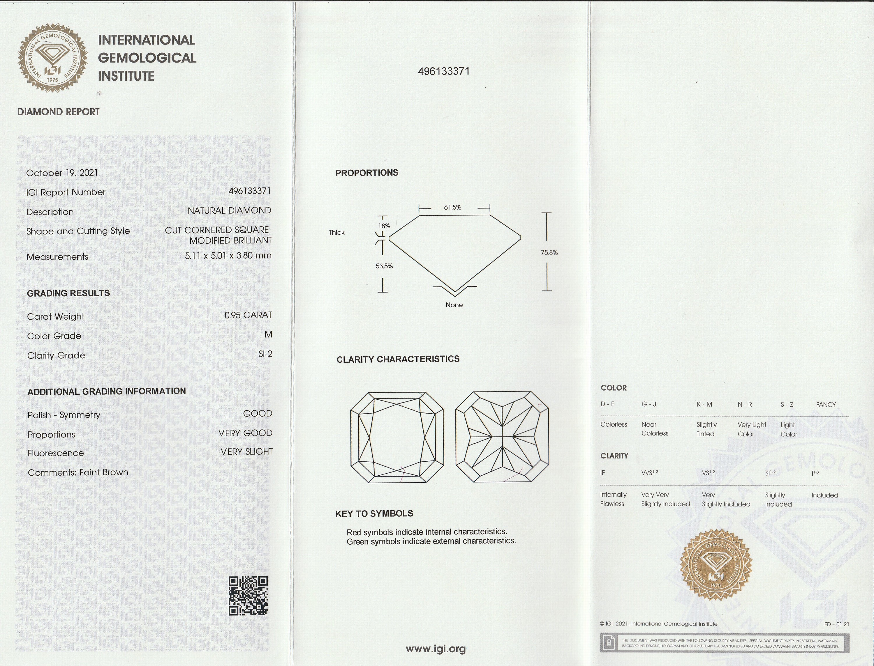 Detail b: Loser Diamant ca. 0.95 ct get.(M)/si2, Cut cornered square, ca. 5.11 x 5.01 x 3.80 mm, IGI Expertise anbei, verschweißt