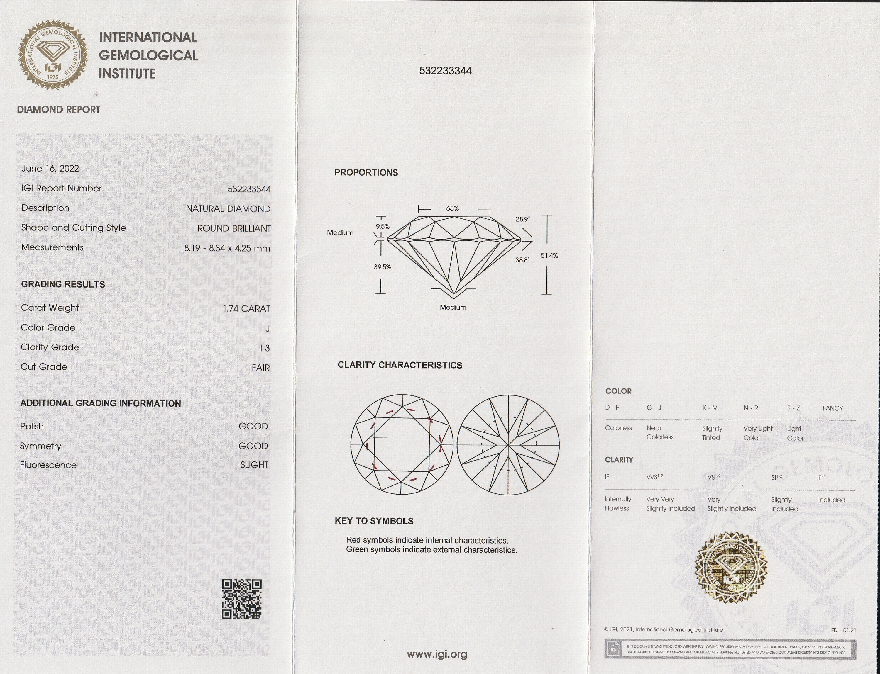 Detail b: Loser Brillant ca. 1.74 ct l.get.Weiß(J)/p3, ca. 8.19 x 8.34 x 4.25 mm, IGI Expertise anbei, verschweißt