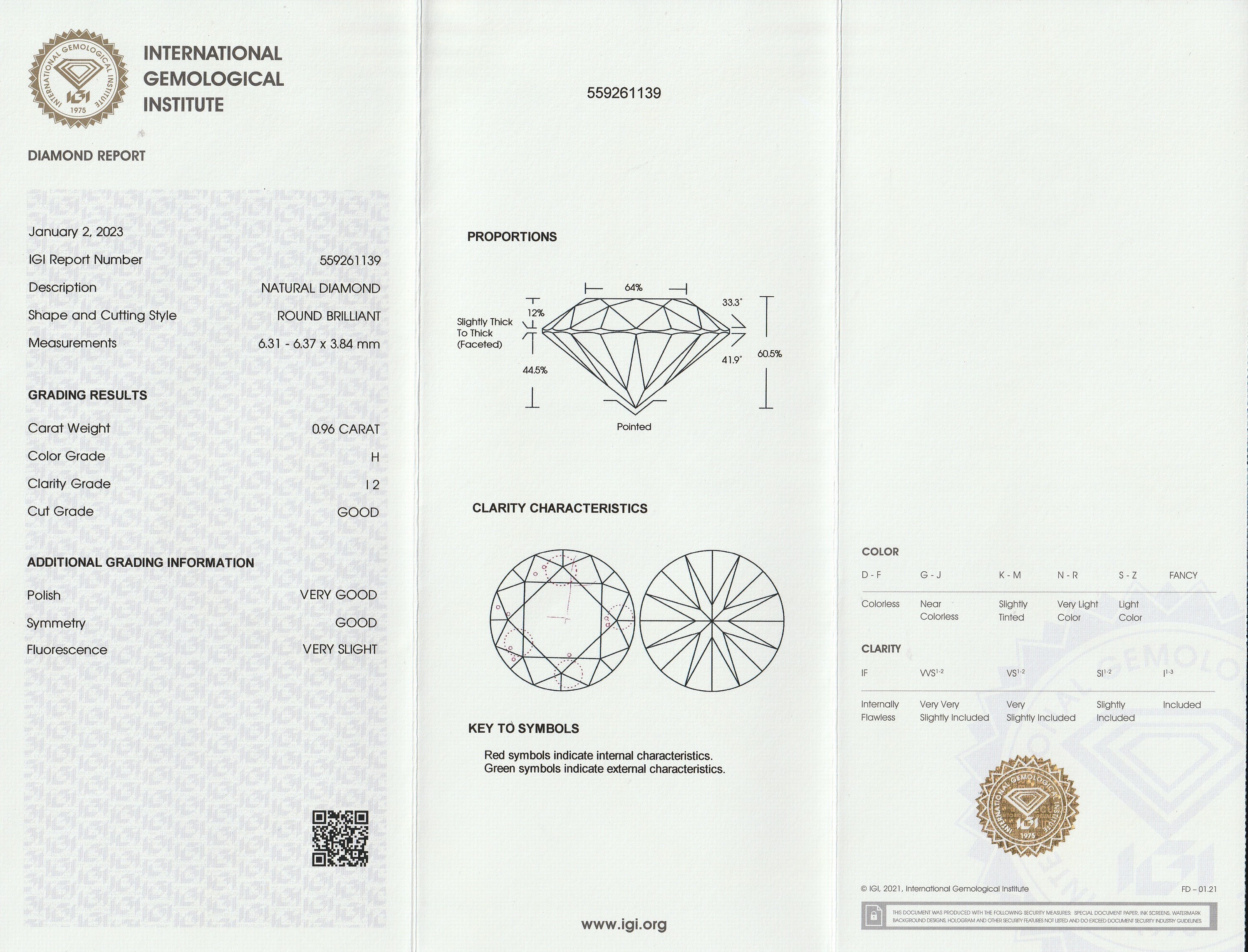 Detail b: Loser Brillant ca. 0.96 ct Weiß(H)/p2, ca. 6.31 x 6.37 x 3.84 mm, IGI Expertise anbei, verschweißt