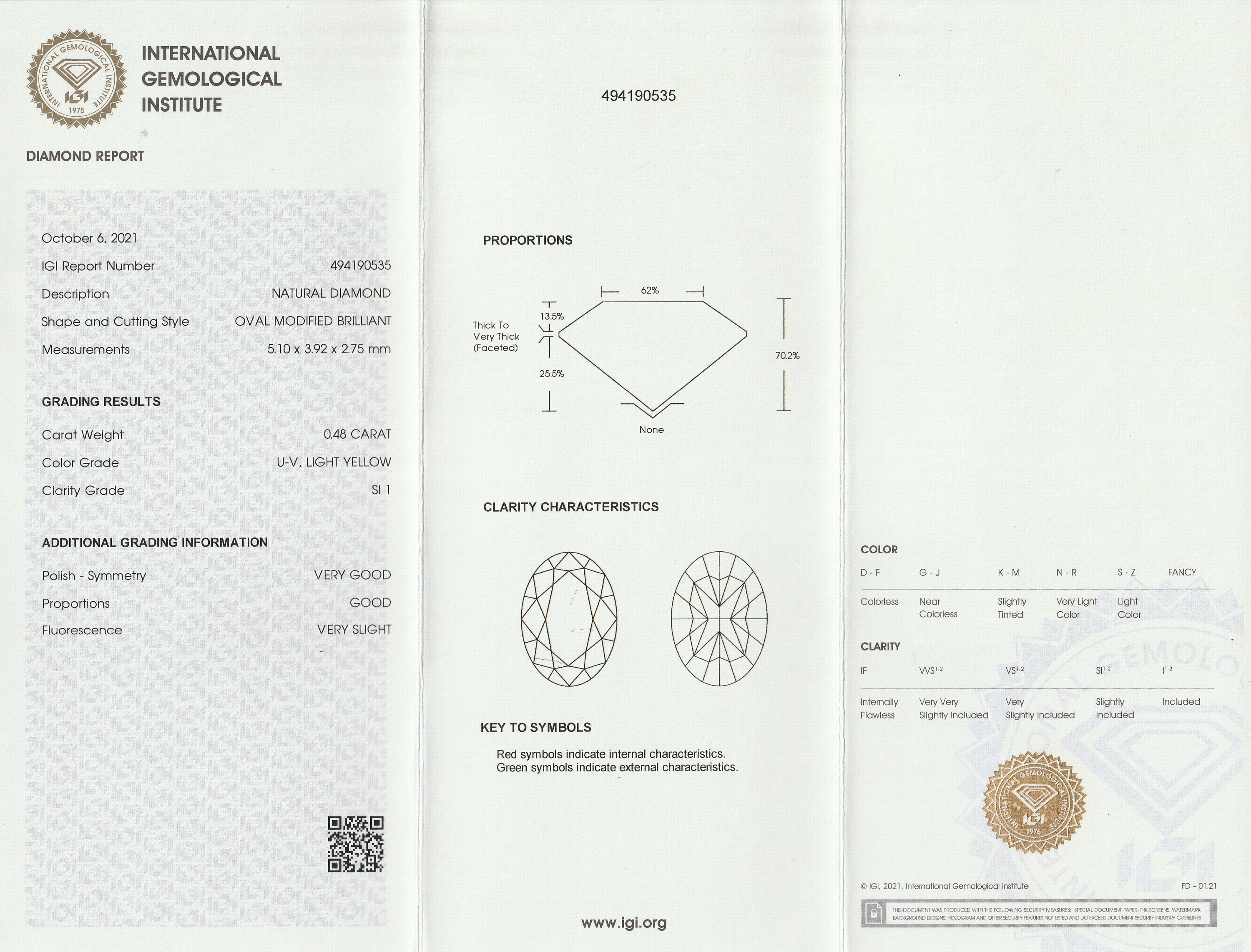 Detail a: Loser ovaler Diamant ca. 0.48 ct light Yellow (U-V)/si1, ca. 5.10 x 3.92 x 2.75 mm, IGI Expertise anbei, verschweißt