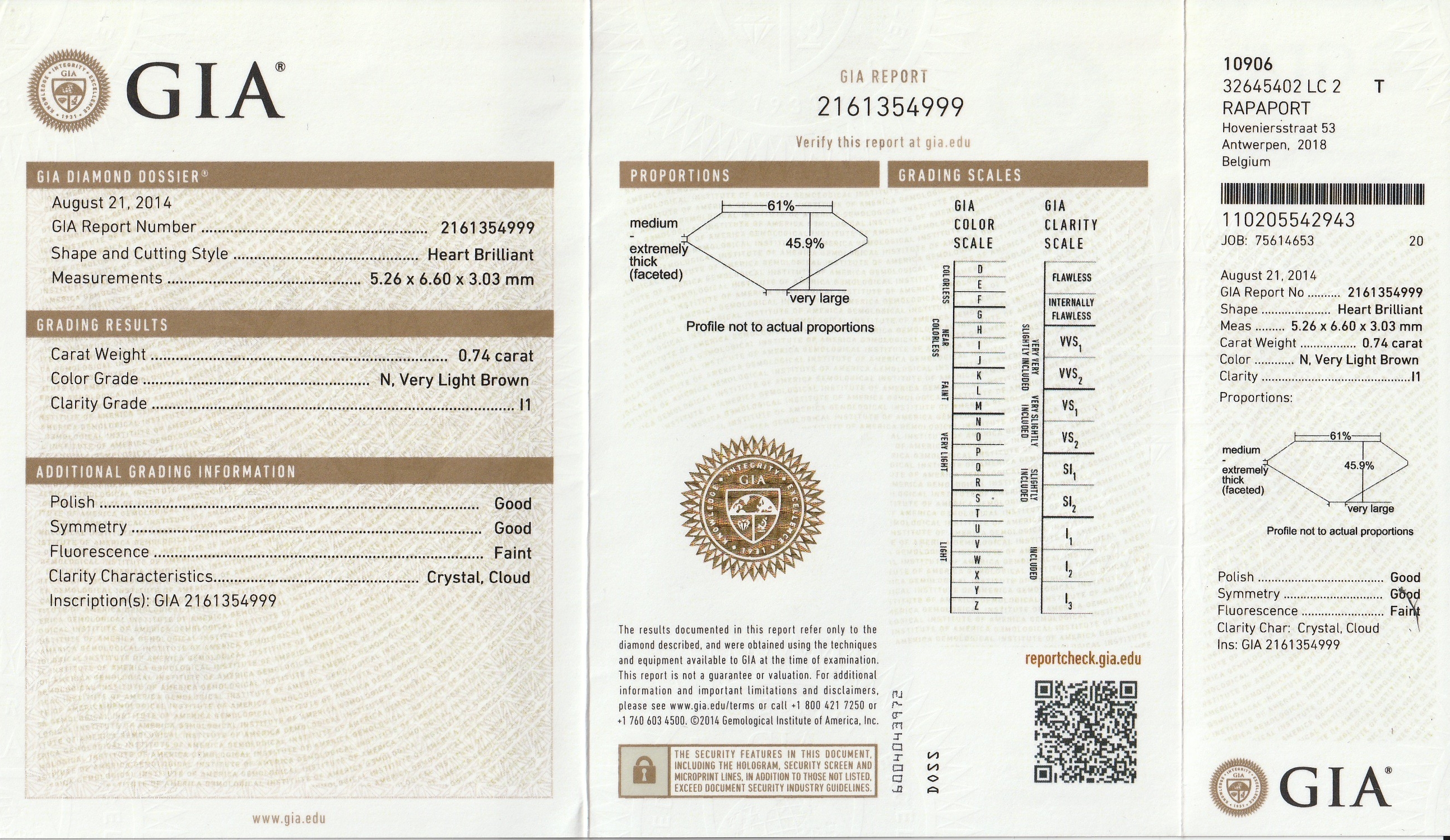 Detail b: Loses Diamantherz ca. 0.74 ct natural, very light Brown/p1, ca. 5.26 x 6.60 x 3.03 mm, GIAExpertise anbei, verschweißt