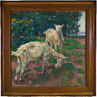26986015k - Paul Ernst, 1877 Bodenbach - 1947 Krefeld, zwei Ziegen in Sommerlandschaft, Öl/Lwd, re. ...