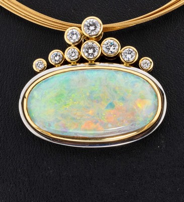 26986021a - Exklusiver 18 kt Gold und Platin Opal- Brillant-Anhänger, GG 750/000 und Pt., ...