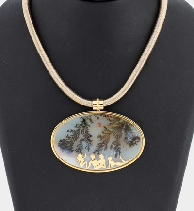 Image 18 kt gold agate-brilliant-pendant , YG 750/000, costum made by a goldsmith from ...