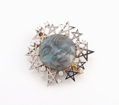 26986034a - 18 kt Gold und Platin Labradorit-Brillant -Brosche, GG 750/000 und Platin, ...