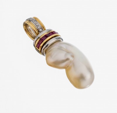 Image 18 kt gold and Platinum pearl-ruby-brilliant -pendant , YG 750/000 and Pt, costum made ...