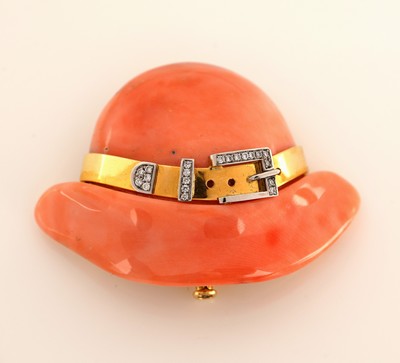 26986038d - 18 kt Gold und Platin Korallen-Brillant- Brosche ´Hut´, GG 750/000 und Pt, ...