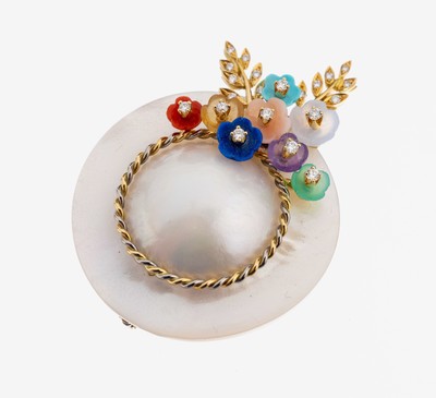 Image 18 kt Gold Perl-Farbstein-Brillant-Brosche, GG 750/000, Einzelanfertigung eines ...