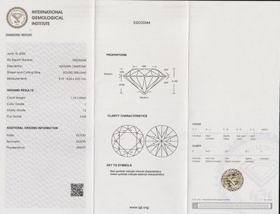 26986067b - Loser Brillant ca. 1.74 ct l.get.Weiß(J)/p3, ca. 8.19 x 8.34 x 4.25 mm, IGI ...