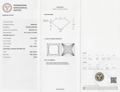 26986072b - Loser Diamant im Princess-Cut ca. 0.58 ct get.(O-P)/vs1, ca. 4.61 x 4.46 x 3.52 mm, IGI ...