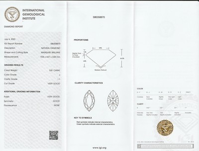 26986093b - Lose Diamantnavette ca. 0.81 ct l.get.Weiß(J)/p1, ca. 9.05 x 4.57 x 3.04 mm, IGI ...