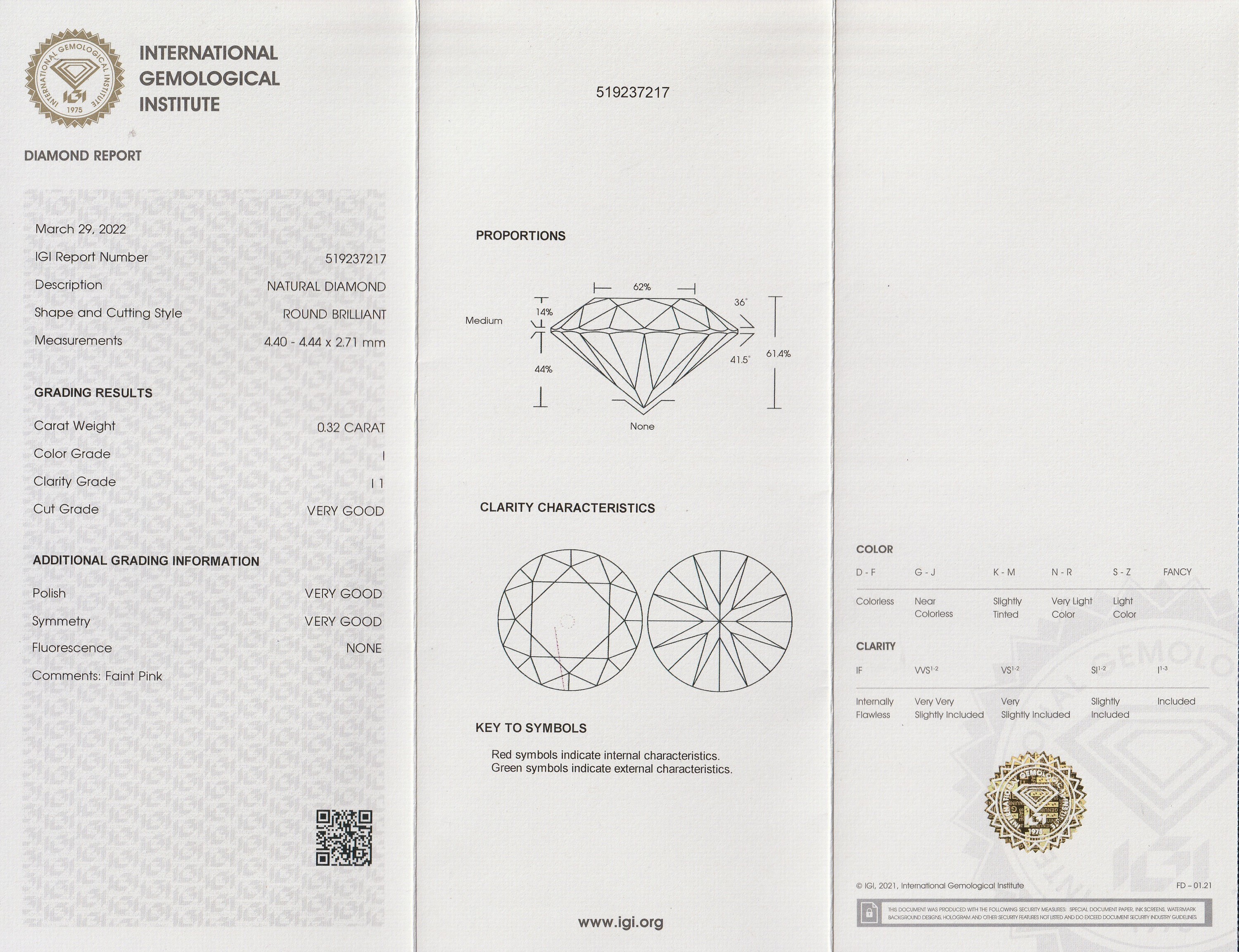 Detail b: Loser Brillant ca. 0.32 ct l.get.Weiß(I)/p1, ca. 4.40 x 4.44 x 2.71 mm, IGI Expertise anbei, verschweißt