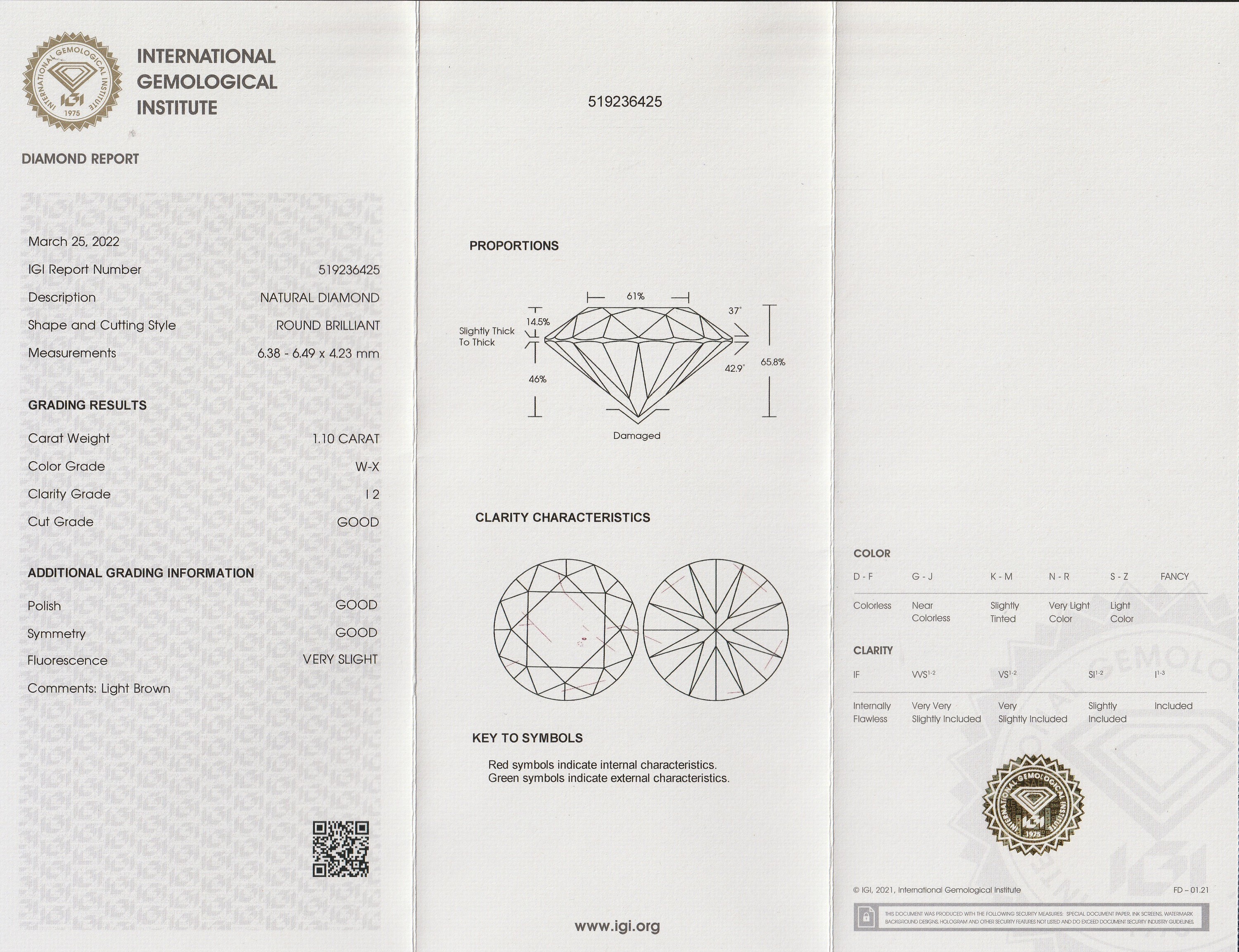 Detail b: Loser Brillant ca. 1.10 ct get.(W-X)/p2, ca. 6.38 x 6.49 x 4.23 mm, IGI Expertise anbei, verschweißt