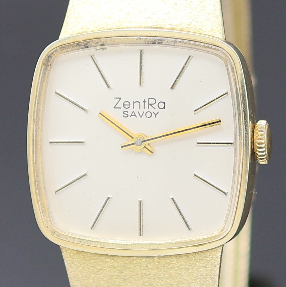 Detail a: ZENTRA Savoy Armbanduhr in GG 585/000, Schweiz um 1970, Handaufzug, Boden aufgedr., Milanaiseband m. Faltschl., silb. Zifferbl. m. aufges. gold. ...