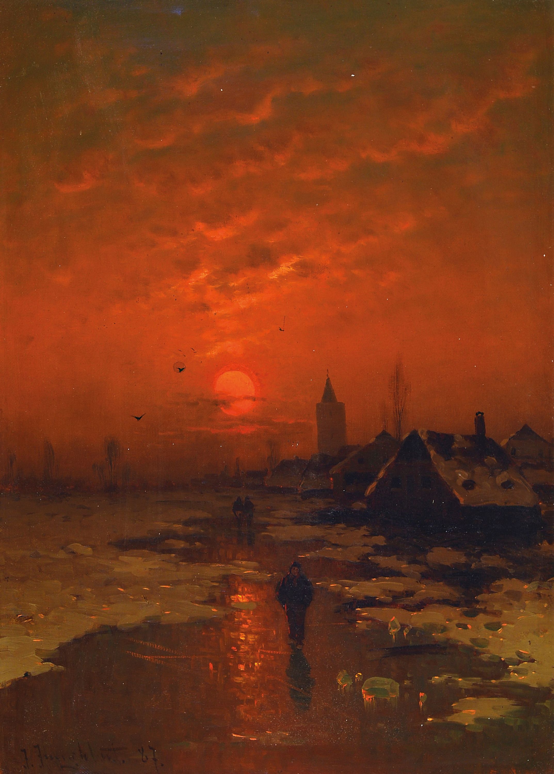 Detail a: Johann Jungblut,1860 Saarburg - 1912 Düsseldorf, zwei Pendants, Winter- und Sommerlandschaft in der Dämmerung, Öl/Lwd, signiert, ca. 46.5 x 34 cm, ...