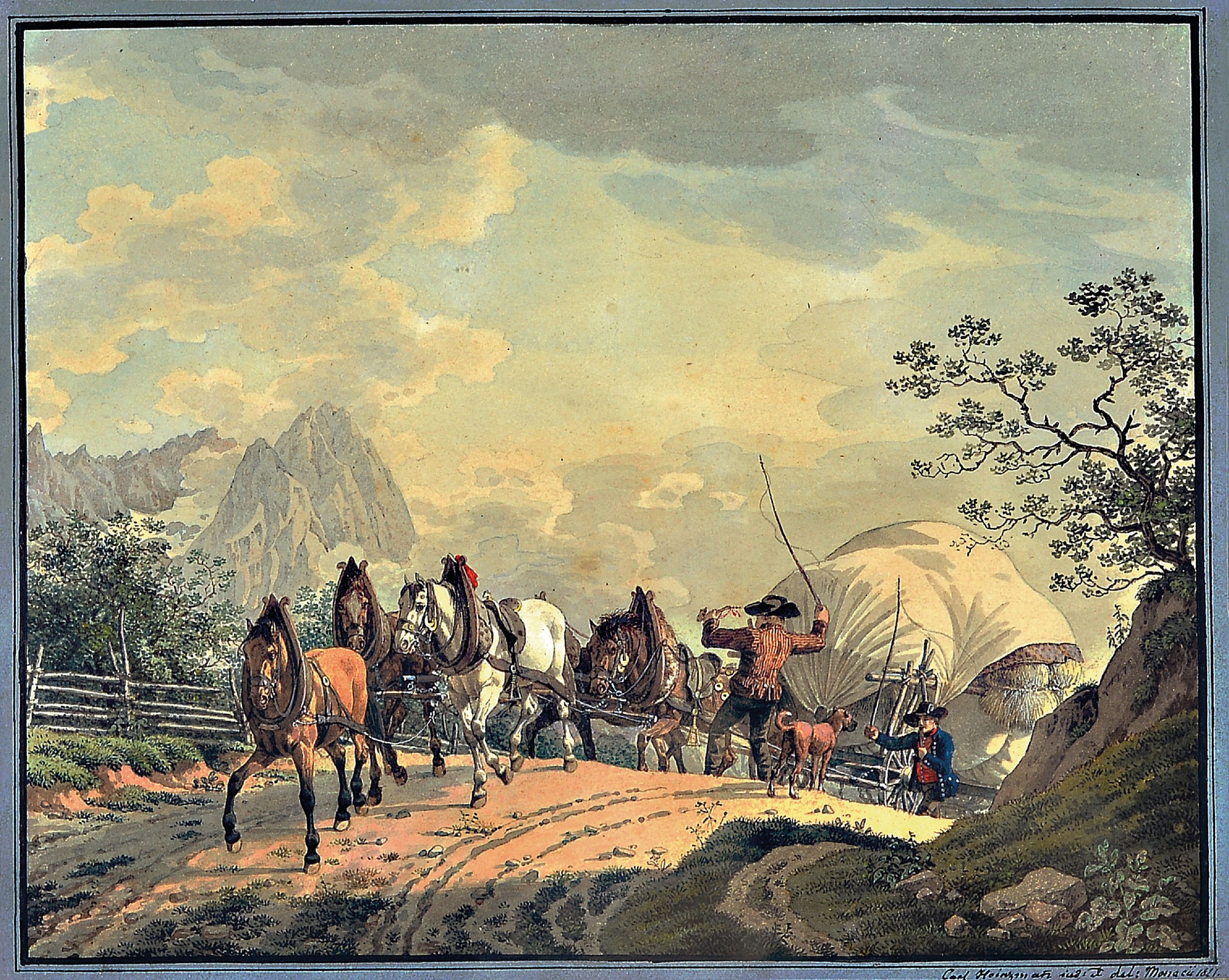 Detail a: Carl Friedrich Heinzmann, 1795-1846, zwei aquarellierte Stiche, 1x Winterlandschaft mit Reitergruppe, 1x Einbringen der Heuernte mit vierspännigem ...