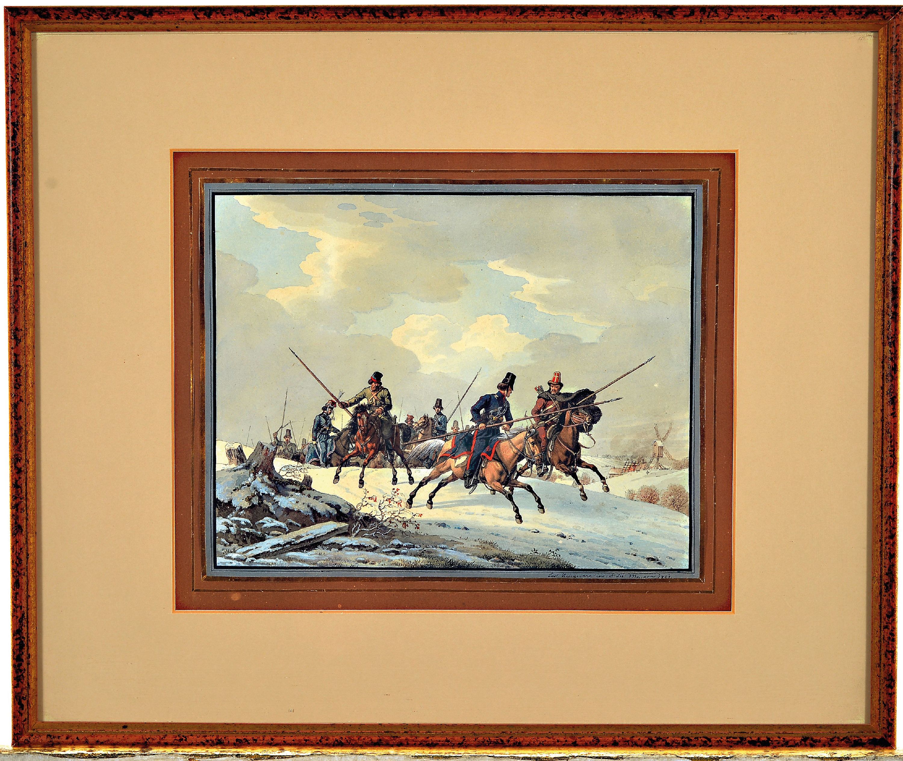 Detail k: Carl Friedrich Heinzmann, 1795-1846, zwei aquarellierte Stiche, 1x Winterlandschaft mit Reitergruppe, 1x Einbringen der Heuernte mit vierspännigem ...