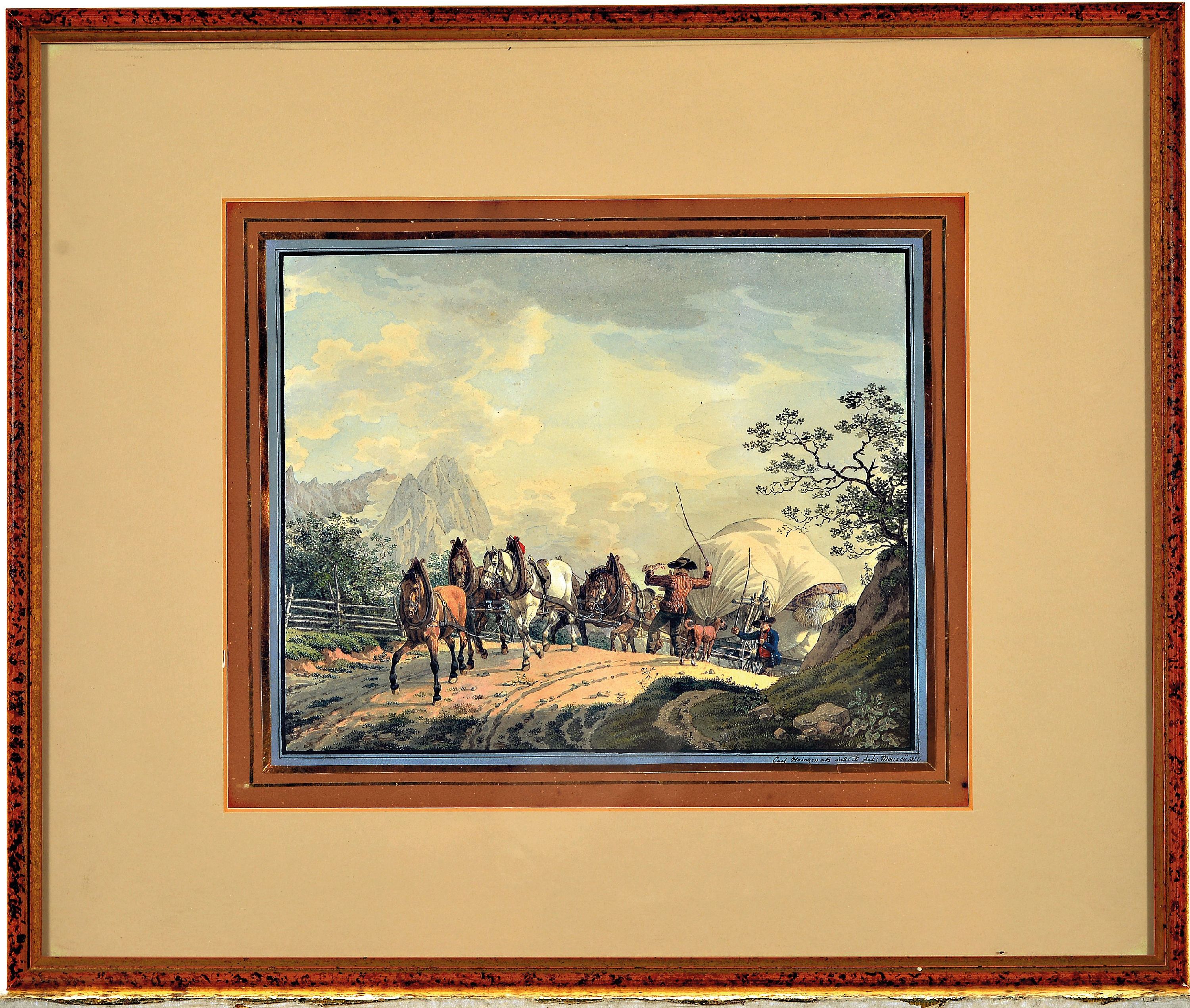 Detail l: Carl Friedrich Heinzmann, 1795-1846, zwei aquarellierte Stiche, 1x Winterlandschaft mit Reitergruppe, 1x Einbringen der Heuernte mit vierspännigem ...