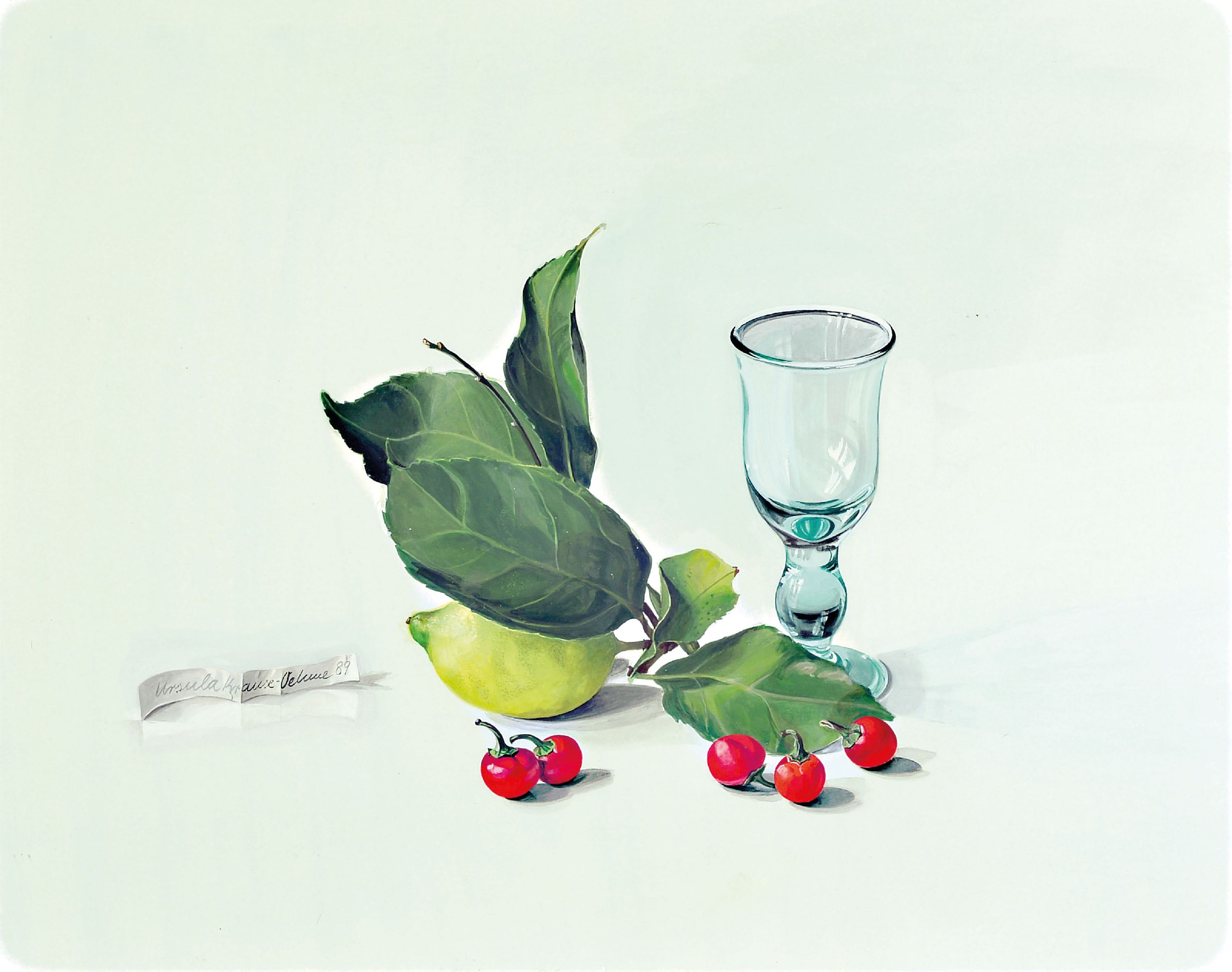 Image 26986621 - Ursula Krause-Oehme, geb. 1932, Stillleben mit Zitrone, Kirschen und Glas, sign., ca. ...