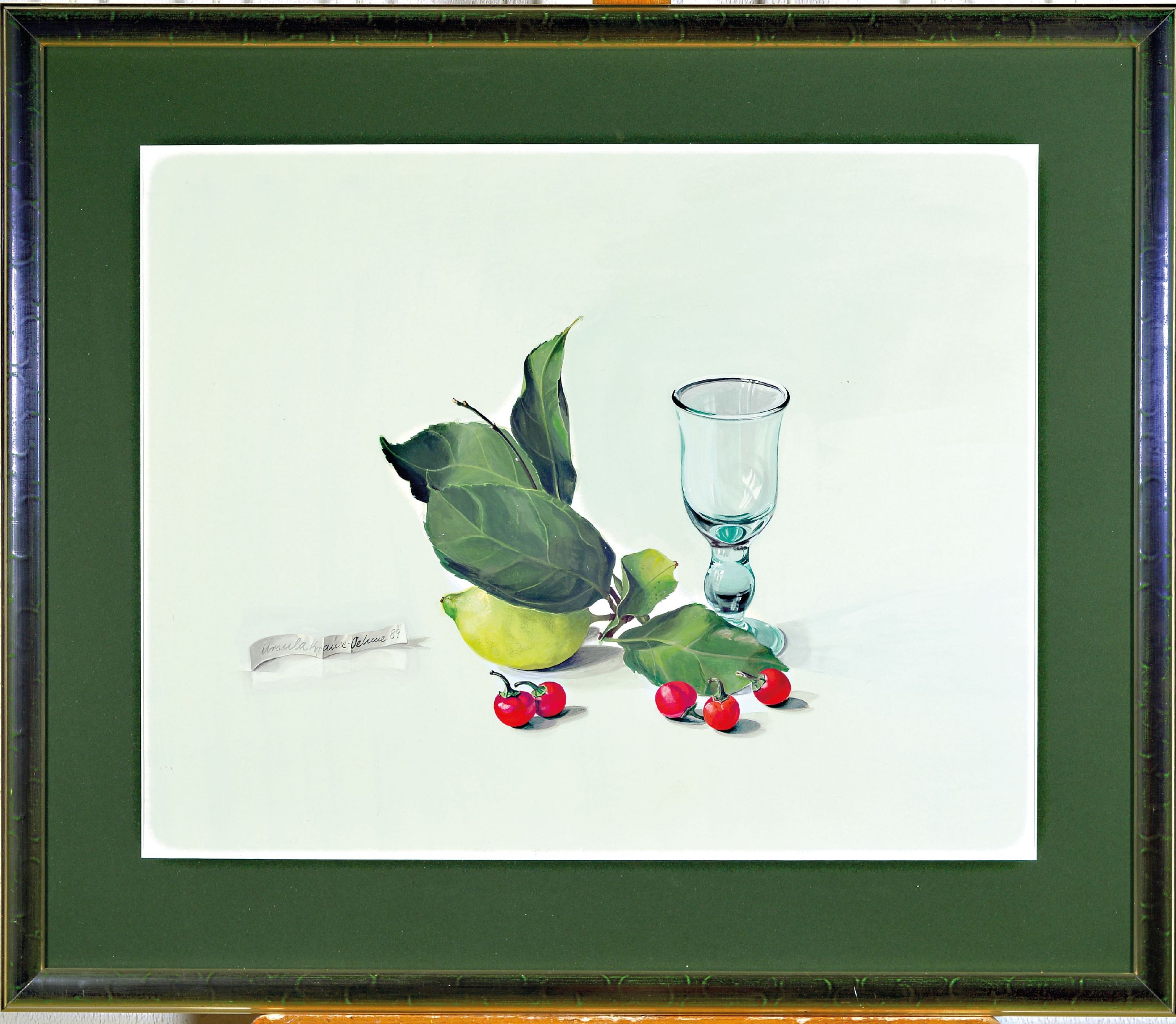 Detail k: Ursula Krause-Oehme, geb. 1932, Stillleben mit Zitrone, Kirschen und Glas, sign., ca. 46x58cm, PP, u.Gl., R. 66x77cm