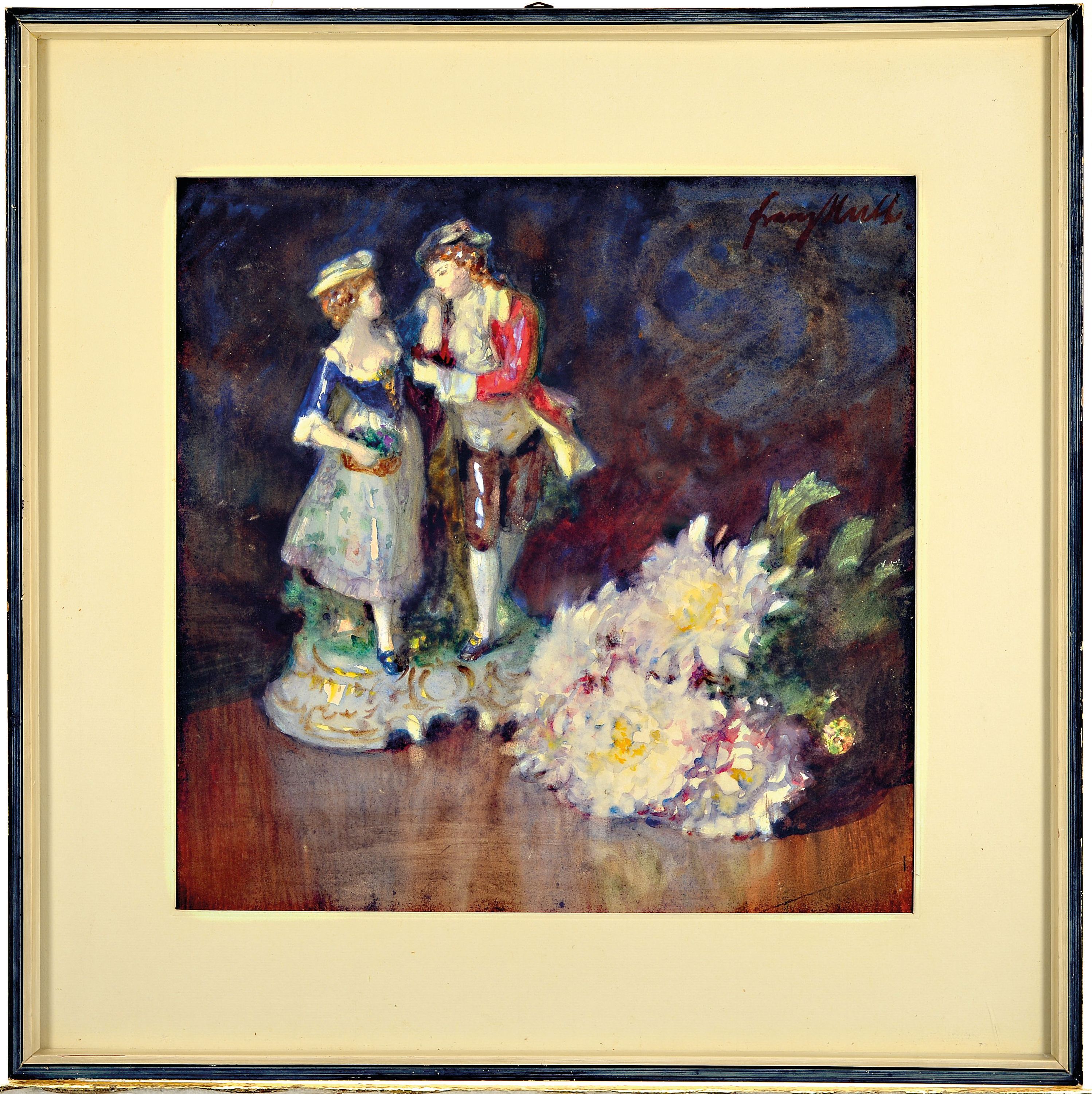 Detail k: Franz Huth, 1876 Pößneck-1970 Weimar, Stillleben mit Blumen und Porzellanfigur, Pastell auf Papier, rechts oben sign., ca. 36x36cm, PP, u.Gl., R. ...