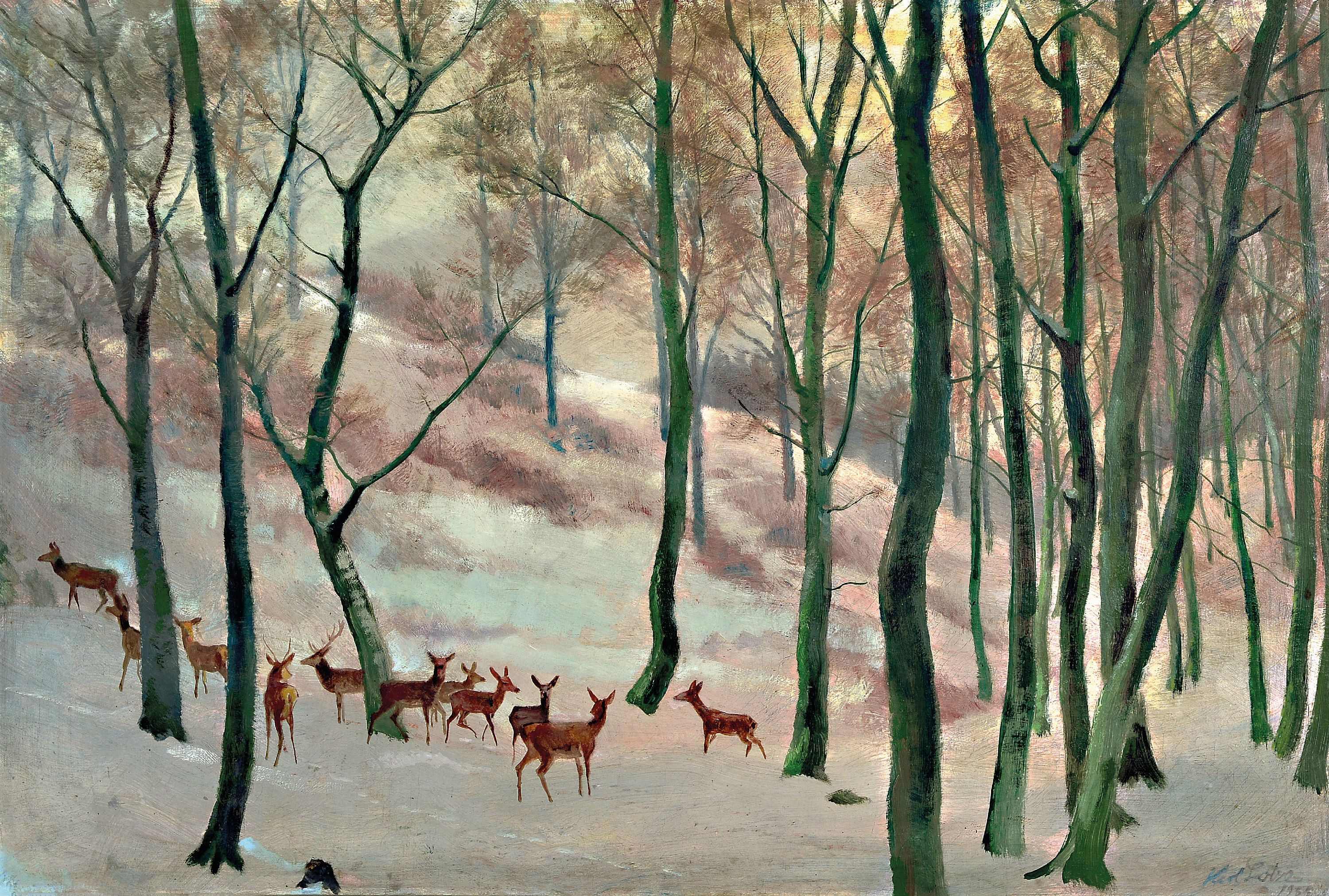Image 26986648 - Karl Lotze, 1892-1972, Winterwald mit Rehen, rechts unten signiert und datiert 1935, ...