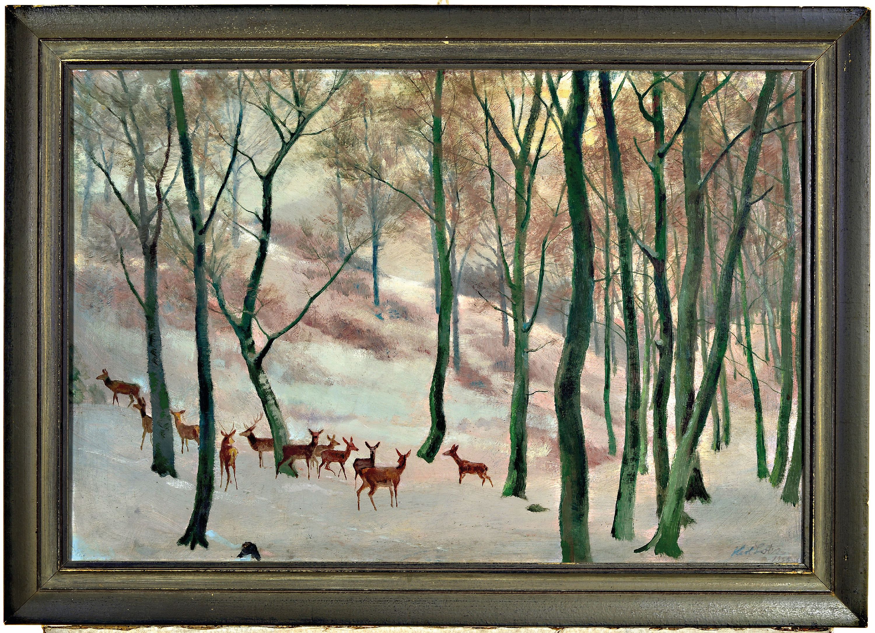 Detail k: Karl Lotze, 1892-1972, Winterwald mit Rehen, rechts unten signiert und datiert 1935, Öl/Lwd, 50x75 cm, Rahmen 61x86 cm