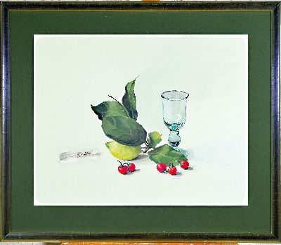 26986621k - Ursula Krause-Oehme, geb. 1932, Stillleben mit Zitrone, Kirschen und Glas, sign., ca. ...