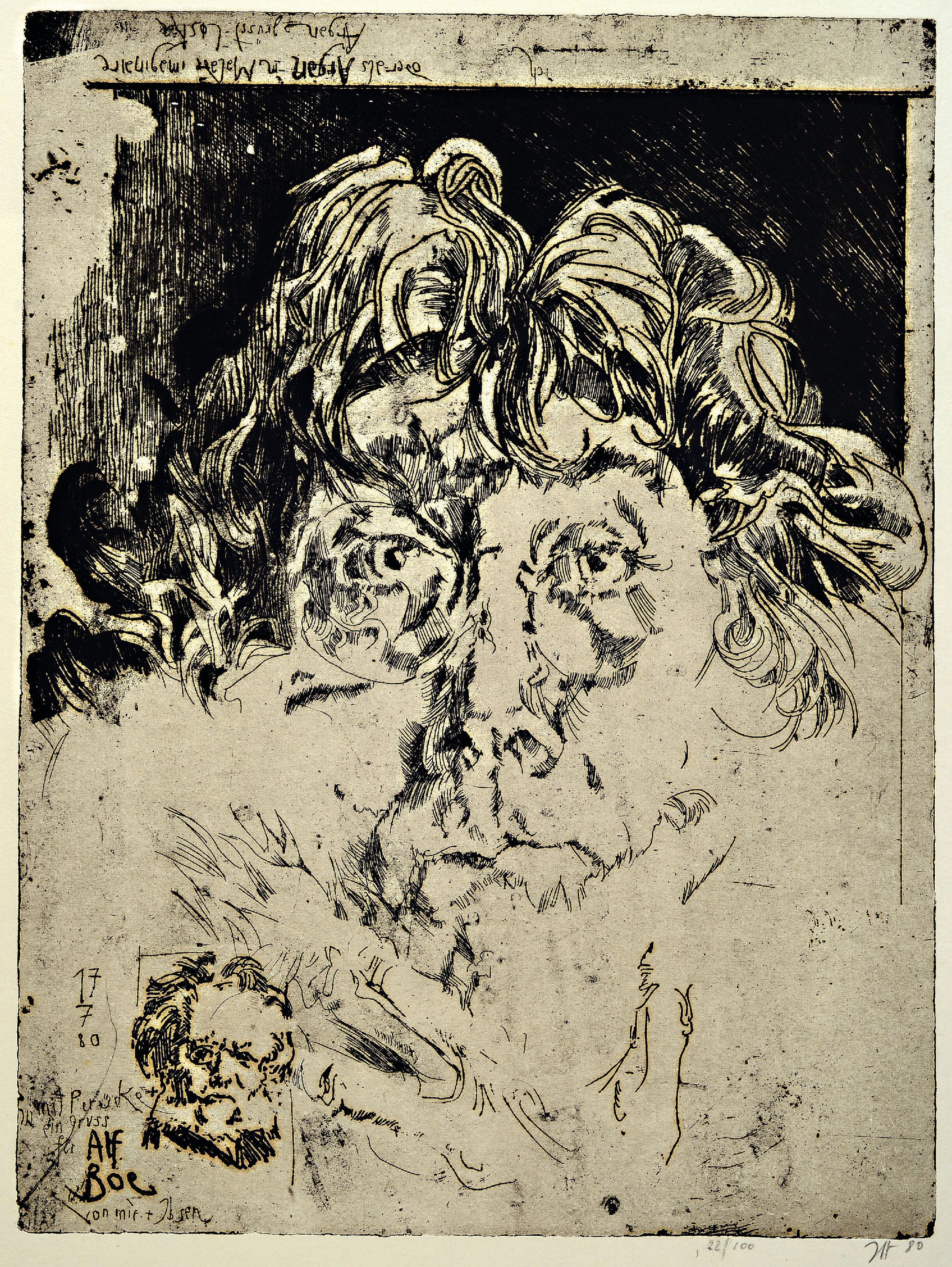 Detail a: Host Janssen,1929-1995, zwei Radierungen, a: Selbstporträt ein Gruss für Alf Boe, 22/100, handmonogrammiert und dat. 80, ca. 64 x 49 cm, am Rand ...