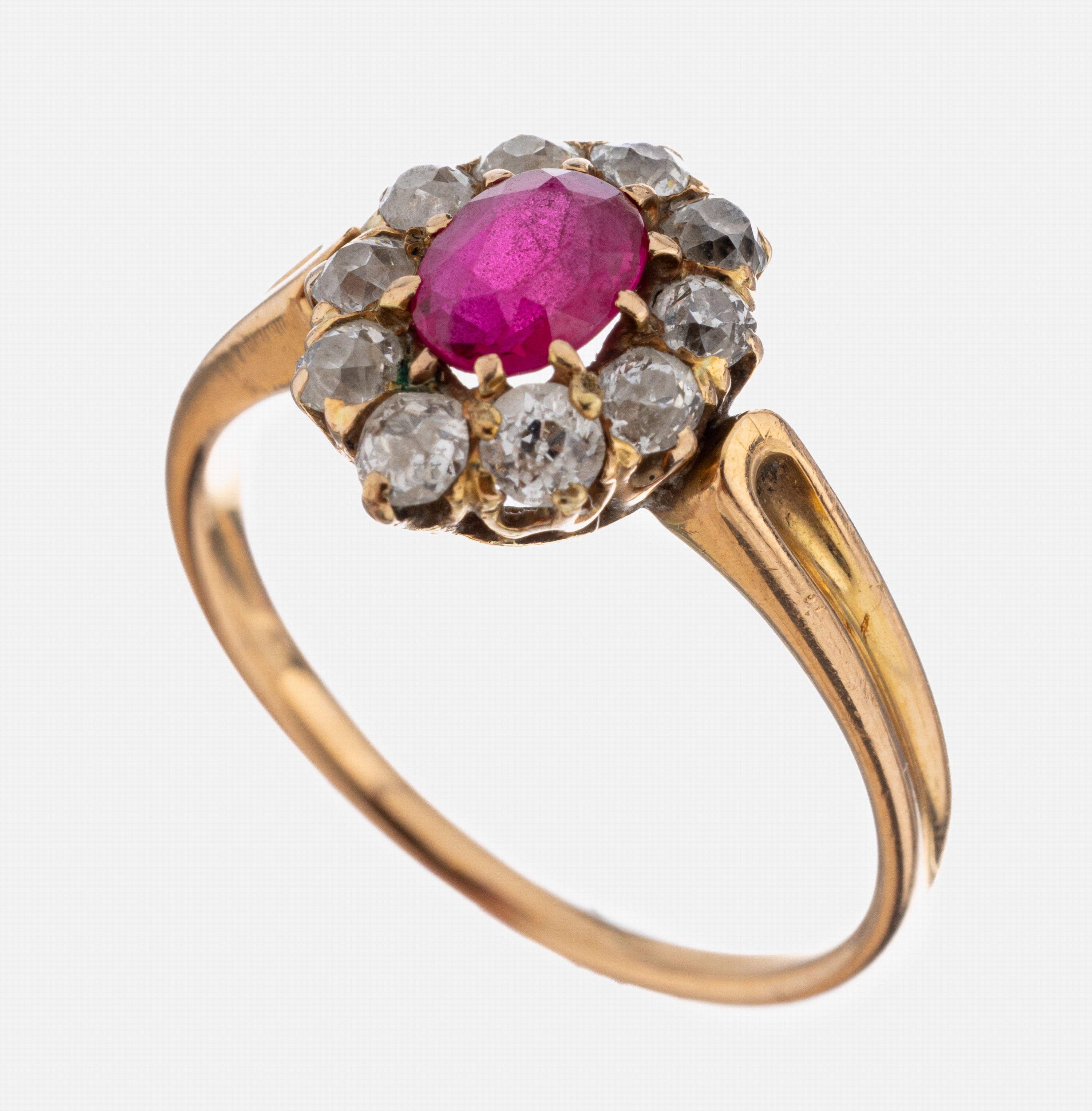 Image 26986912 - 18 kt Gold Farbstein-Diamant-Ring, um 1910, GG 750/000 gepr., ovalfacett. synth. Rubin, ...
