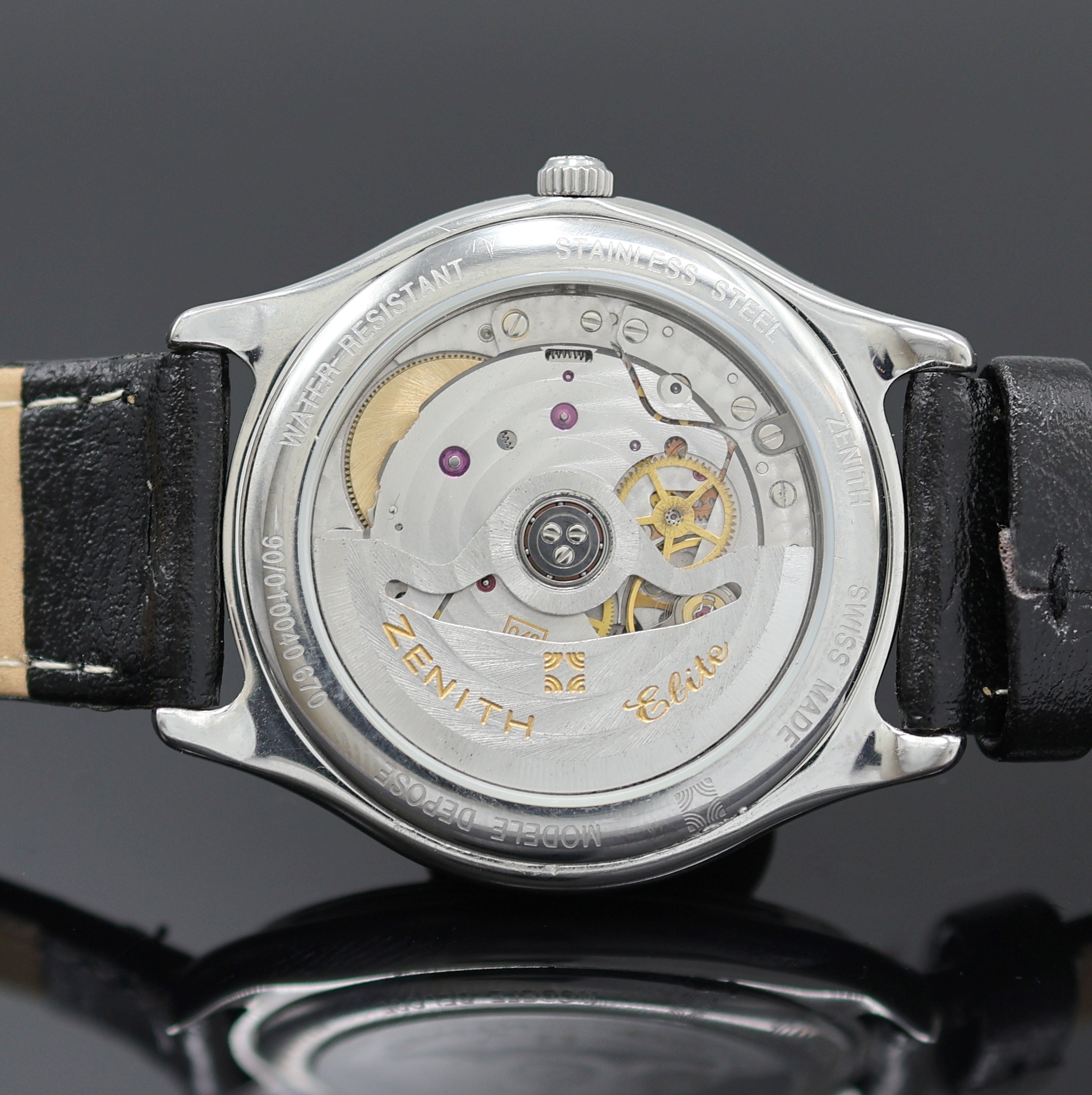 Detail c: ZENITH Elite Armbanduhr in Stahl Referenz 90/010040 670, Schweiz um 2000, Automatik, beids. vergl. Geh., Boden aufgedr., tief- blaues, zirkulär ...