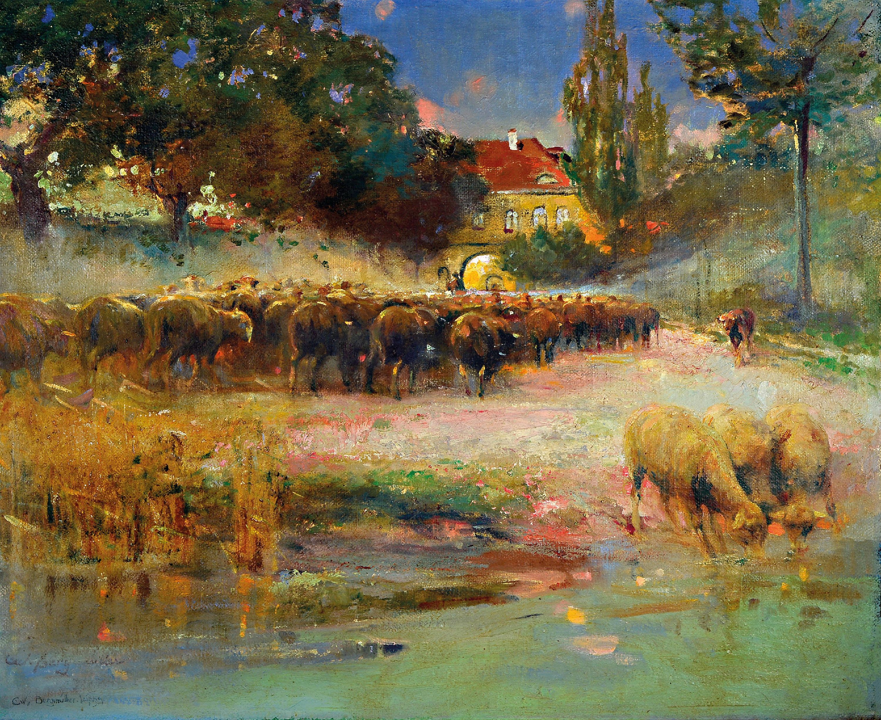 Image 26986951 - Carl Wilhelm Bergmüller, 1864-1928, Schafherde vor der Ortschaft, Öl/Lwd, links unten ...