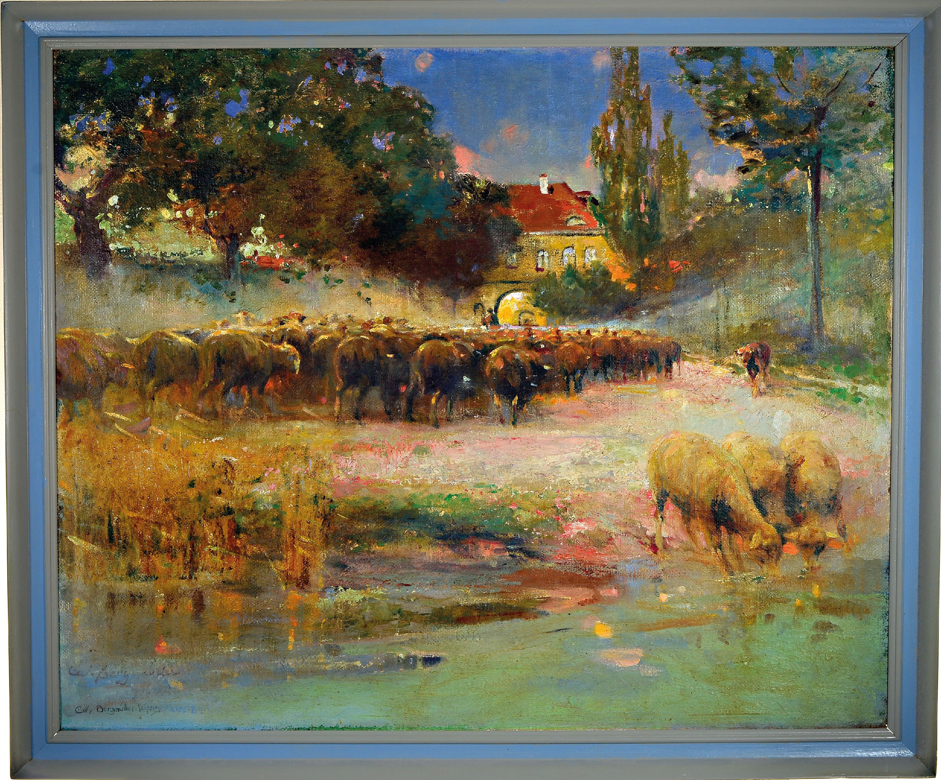 Detail k: Carl Wilhelm Bergmüller, 1864-1928, Schafherde vor der Ortschaft, Öl/Lwd, links unten sign., ca. 80x100cm, R. ca. 88x108cm