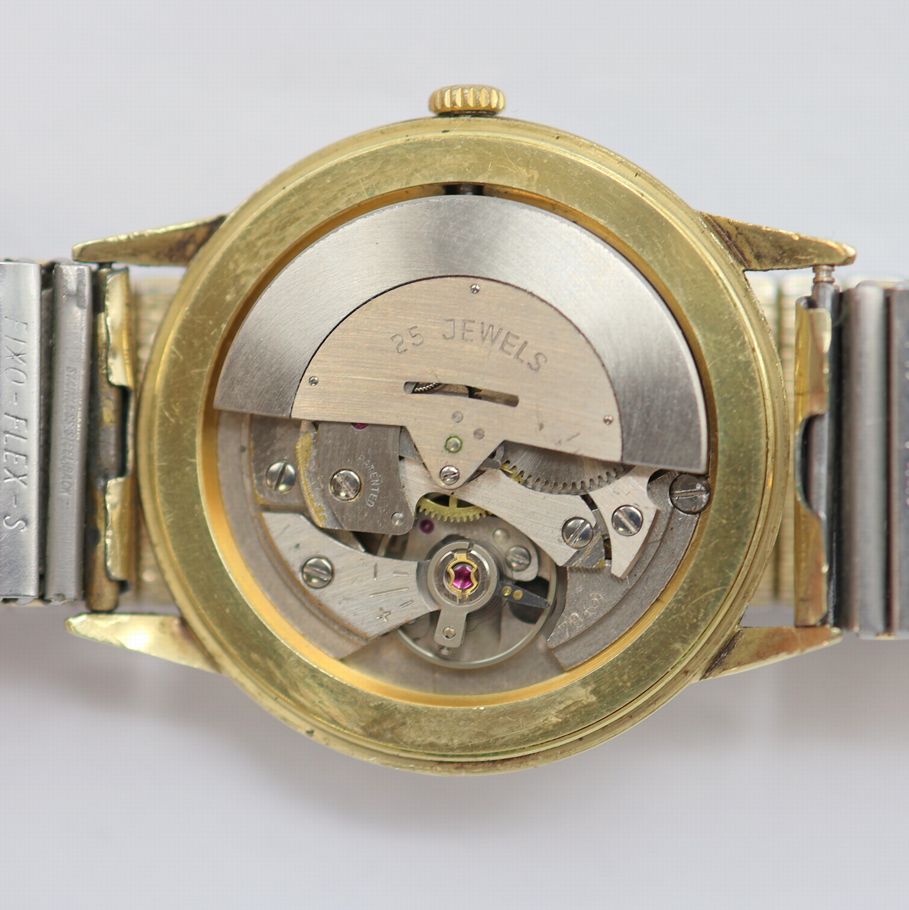 Detail g: EPPO Herrenarmbanduhr in GG 585/000, Deutschland um 1965, Automatik, 2-tlg. Geh., Boden aufgedr., silb. Zifferbl., gold. Indizes u. Zeiger, ...