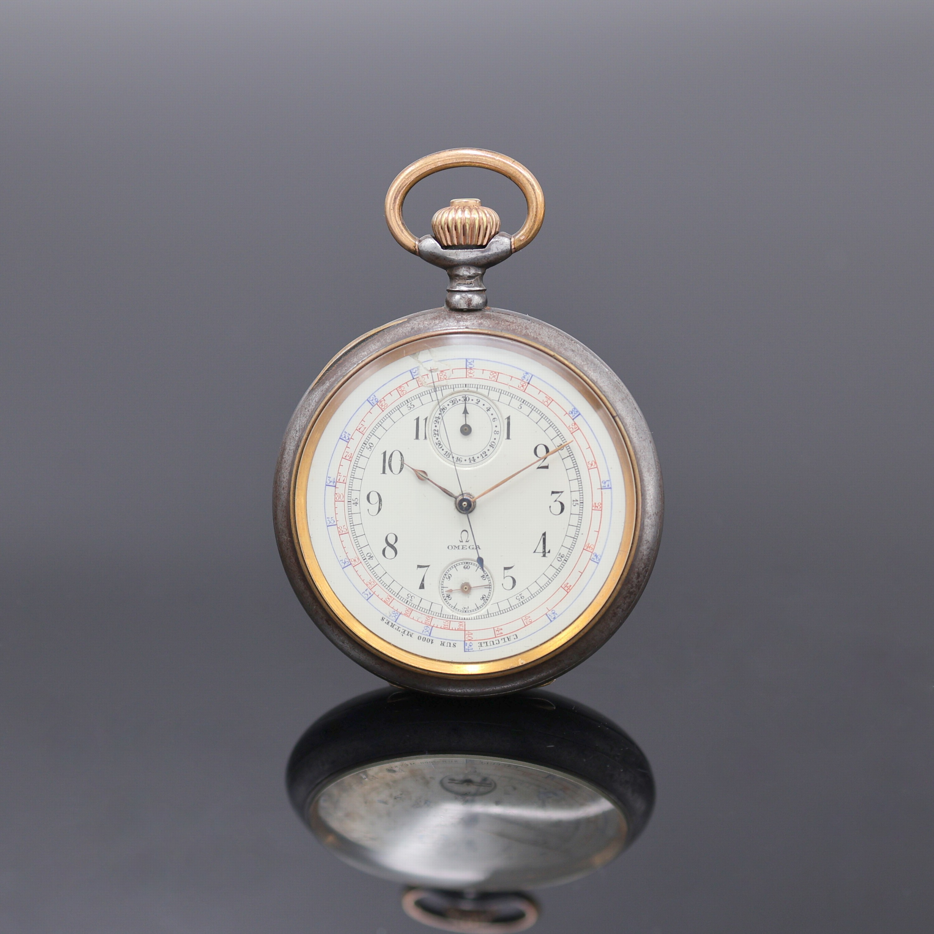 Image 26986985 - OMEGA Taschenchronograph in brüniertem Stahlgehäuse, Schweiz um 1910, offenes Geh. ...