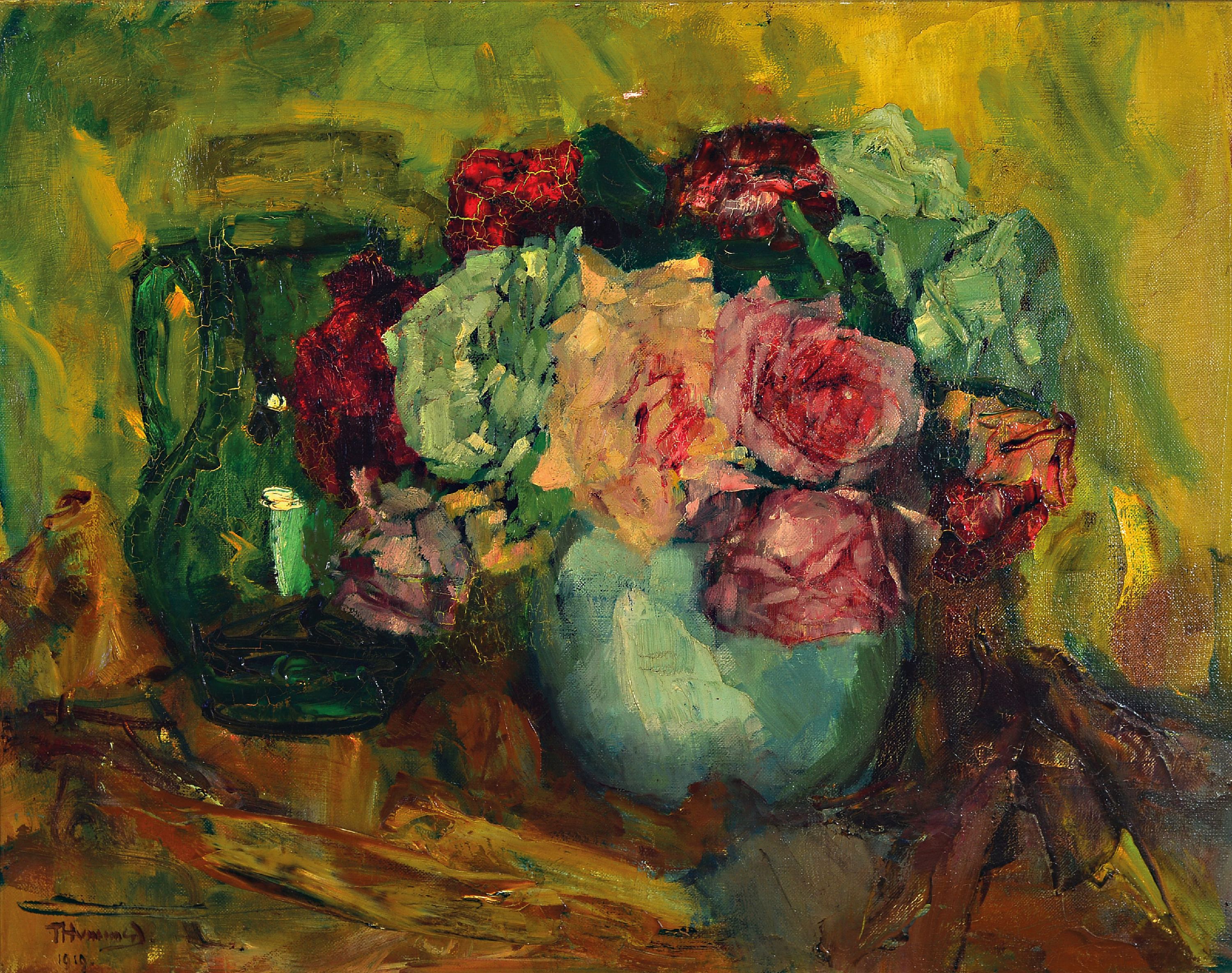 Theodor Hummel, 1864 Schliersee - 1939 München, Stillleben mit Rosen und Kanne, Öl/Lwd., li. u. signiert THummel dat. 1919, li. oben Druckstelle, ...