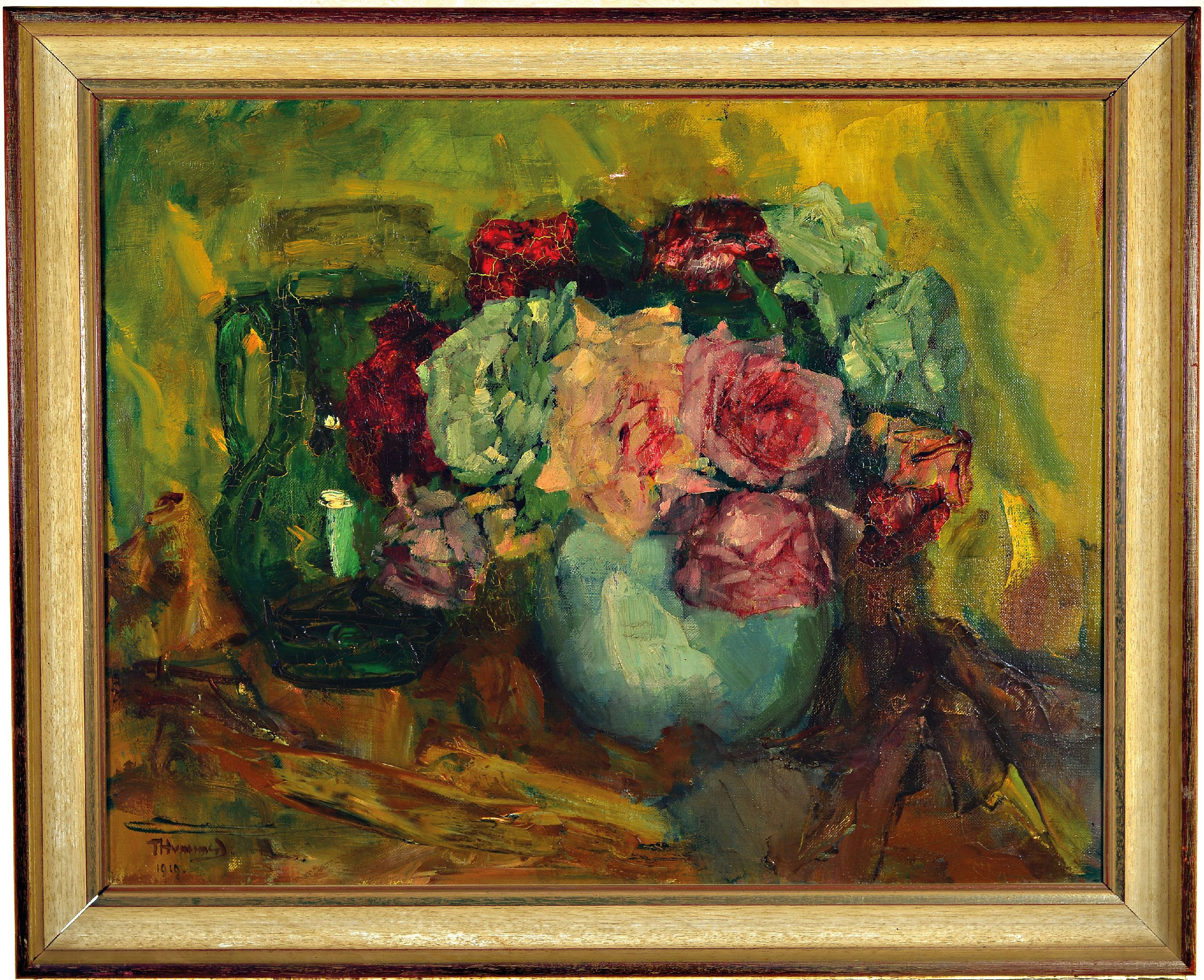 Detail k: Theodor Hummel, 1864 Schliersee - 1939 München, Stillleben mit Rosen und Kanne, Öl/Lwd., li. u. signiert THummel dat. 1919, li. oben Druckstelle, ...