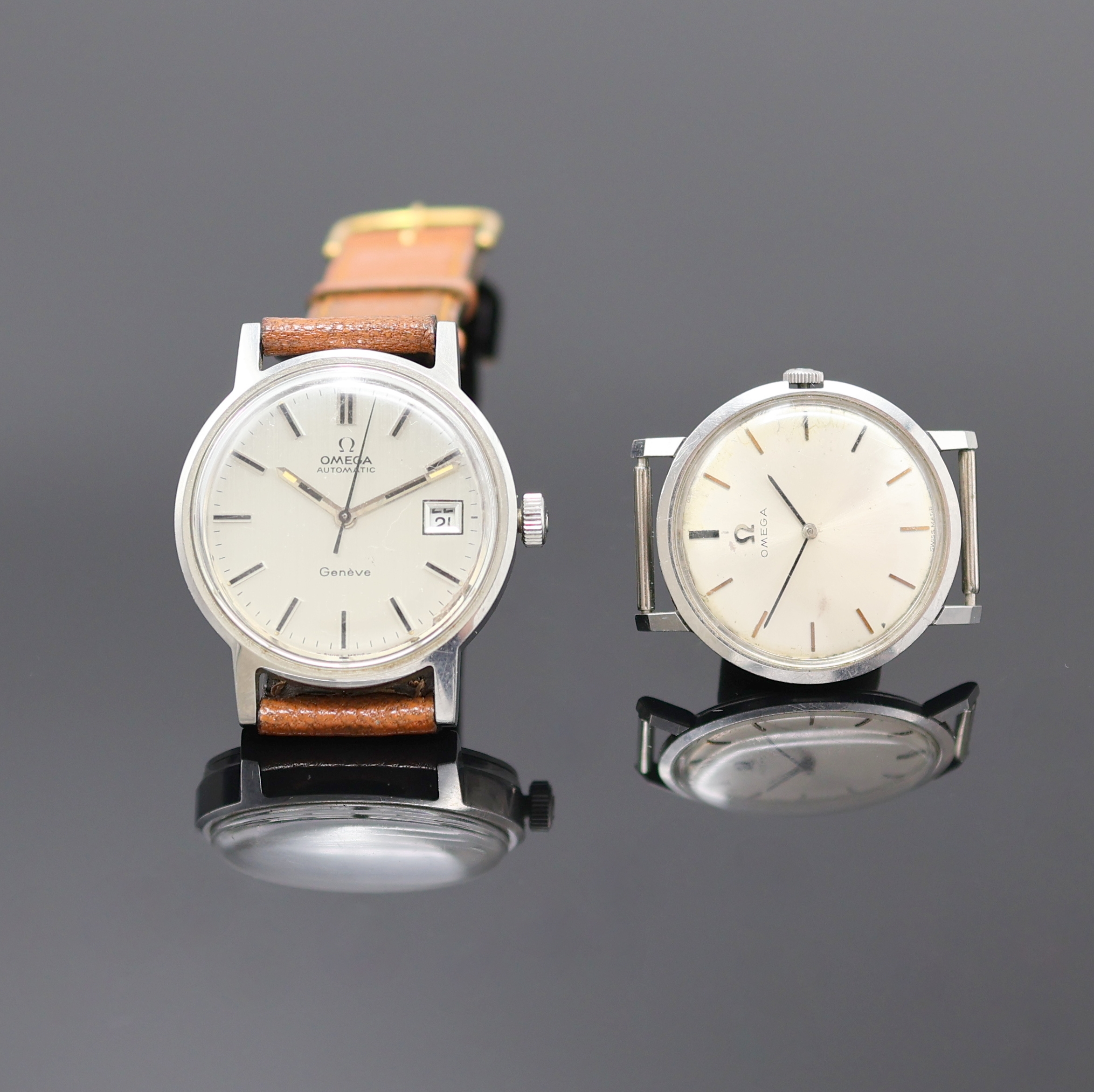 Image 26986999 - OMEGA 2 Armbanduhren in Stahl, Schweiz um 1965/1972, 2-tlg. Geh., silb. Zifferblätter ...