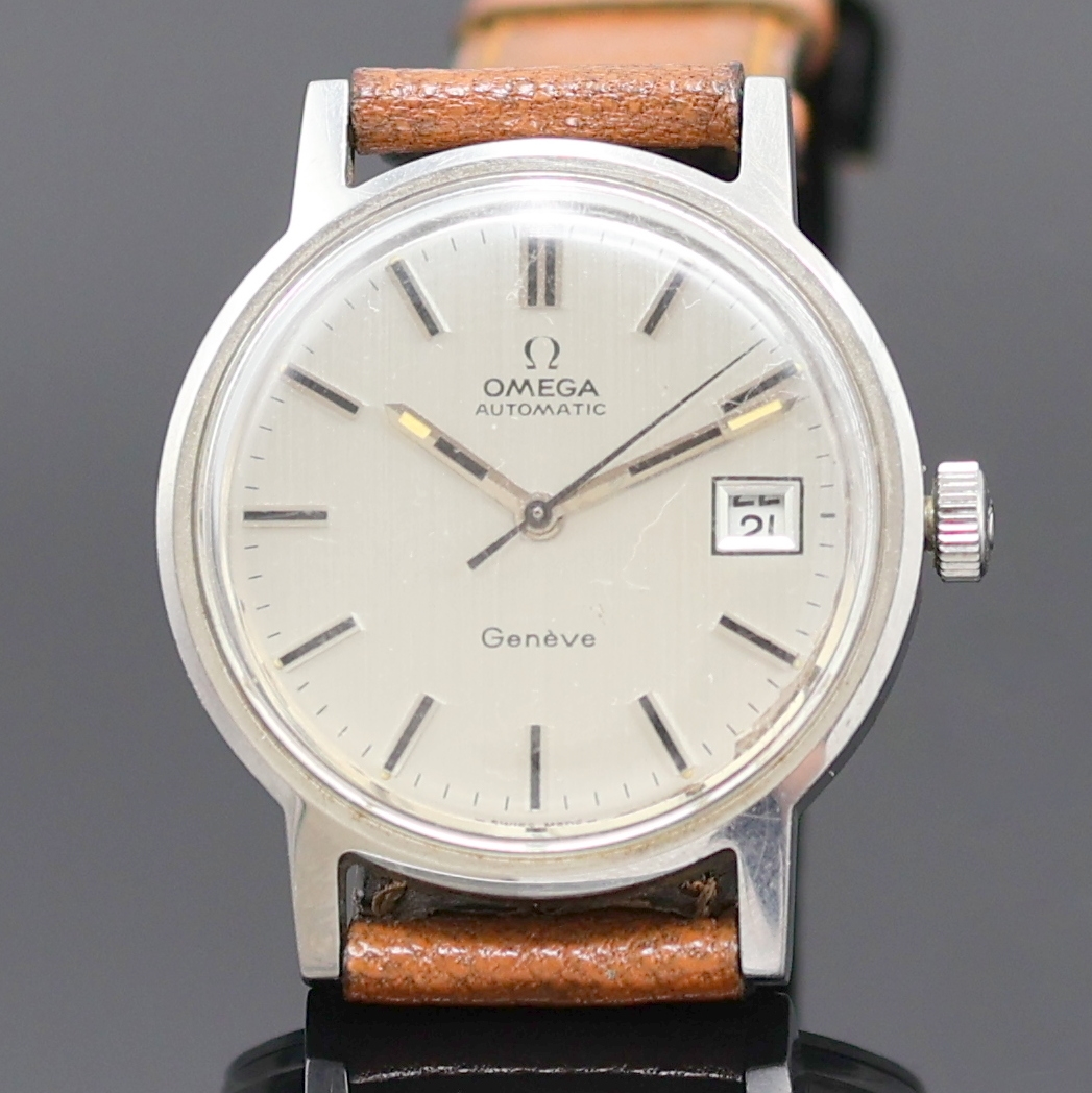 Detail a: OMEGA 2 Armbanduhren in Stahl, Schweiz um 1965/1972, 2-tlg. Geh., silb. Zifferblätter pat. m. silb. Indizes, 1.) Ref. 111.046, aufgedr. Boden, ...