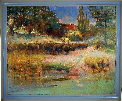 26986951k - Carl Wilhelm Bergmüller, 1864-1928, Schafherde vor der Ortschaft, Öl/Lwd, links unten ...