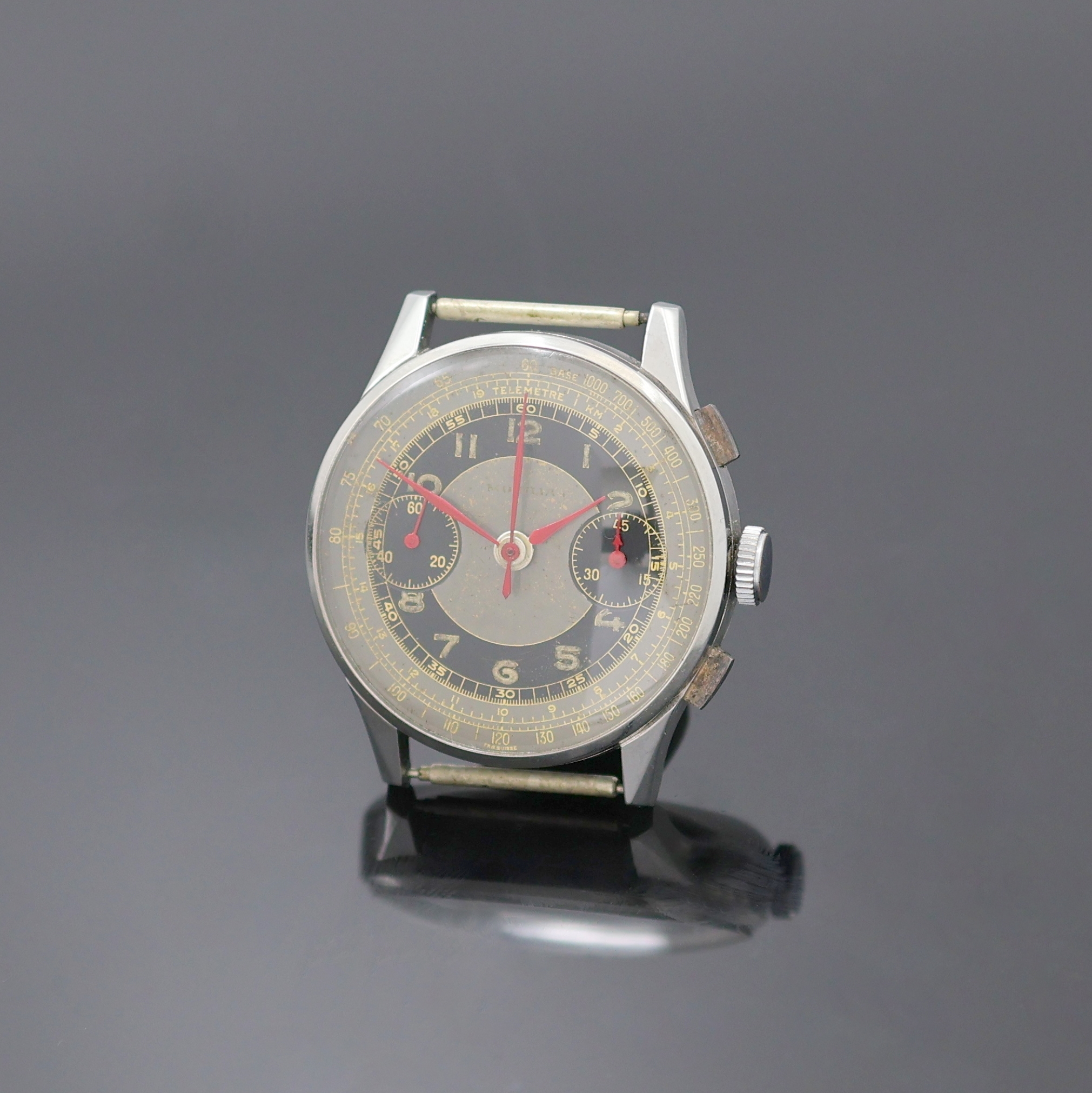 Image 26987010 - MOBILIA Schaltradchronograph in Stahl, Schweiz um 1945, Handaufzug, 3-tlg. Geh., Boden ...