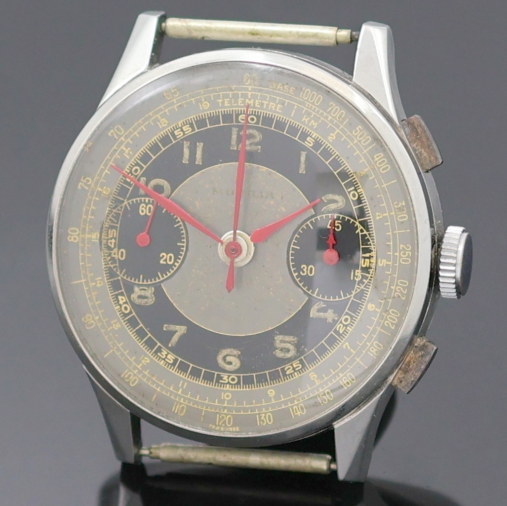 Detail a: MOBILIA Schaltradchronograph in Stahl, Schweiz um 1945, Handaufzug, 3-tlg. Geh., Boden u. Glasrand aufgedr., schwarz/graues Glanz-Zifferbl. pat., ...