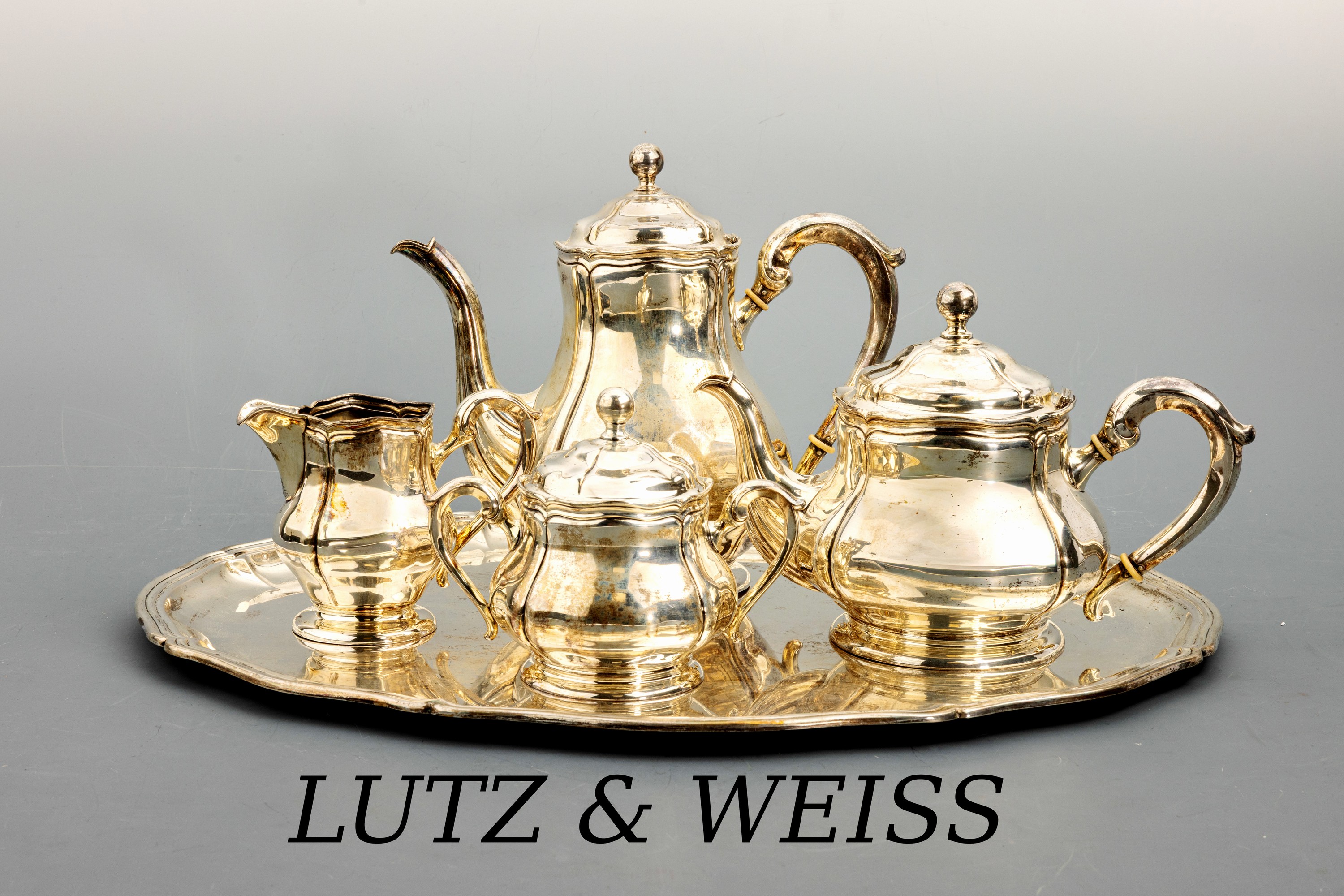 Image 26987013 - 4-teiliges Kaffeeservice auf Tablett, 800er Silber, deutsch Lutz & Weiß, Pforzheim, ...