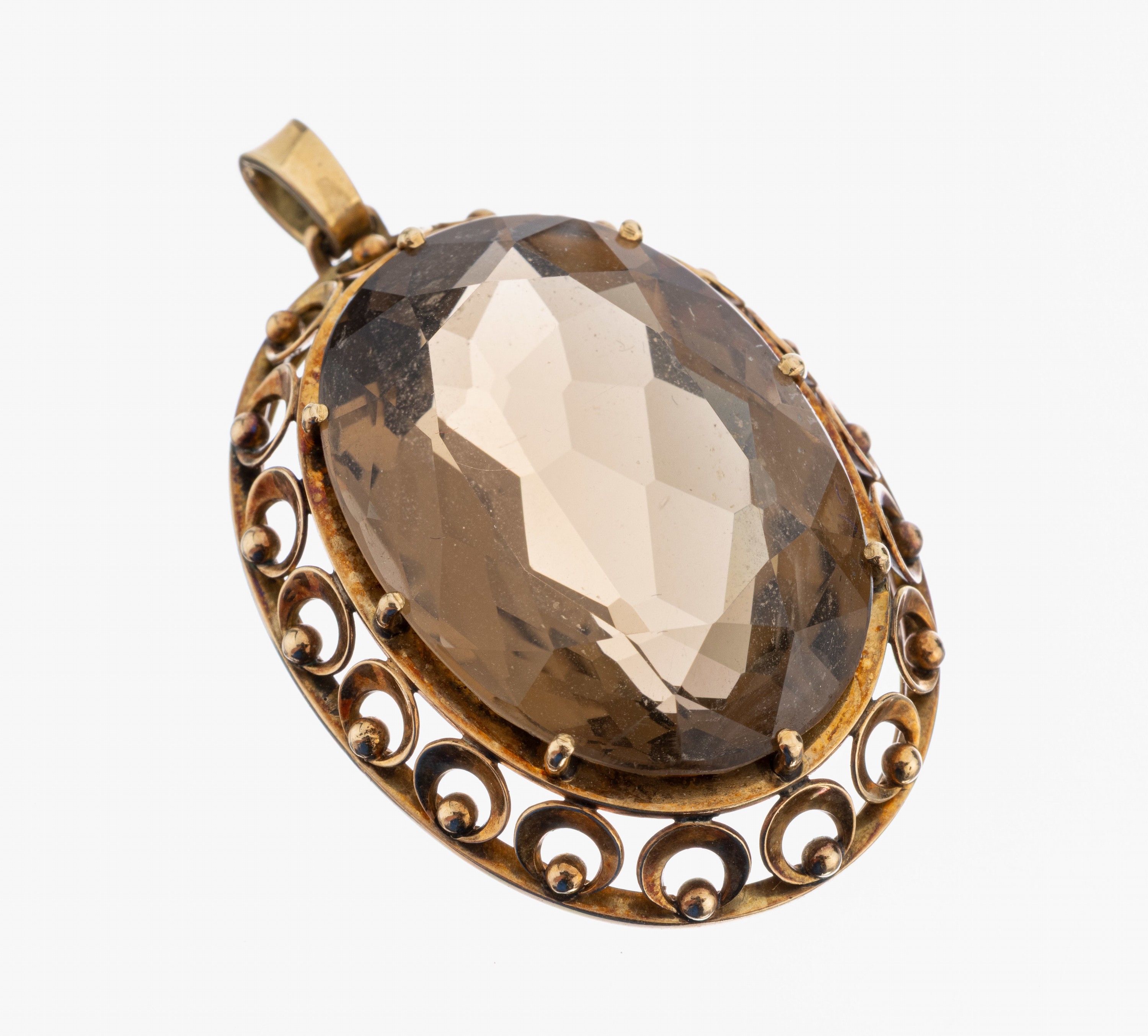 14 kt Gold Rauchquarz-Anhänger, GG 585/000,ovalfacett. Rauchquarz ca. 50 ct, ca. 4.5 x 2.8 cm, ca. 15.9 g