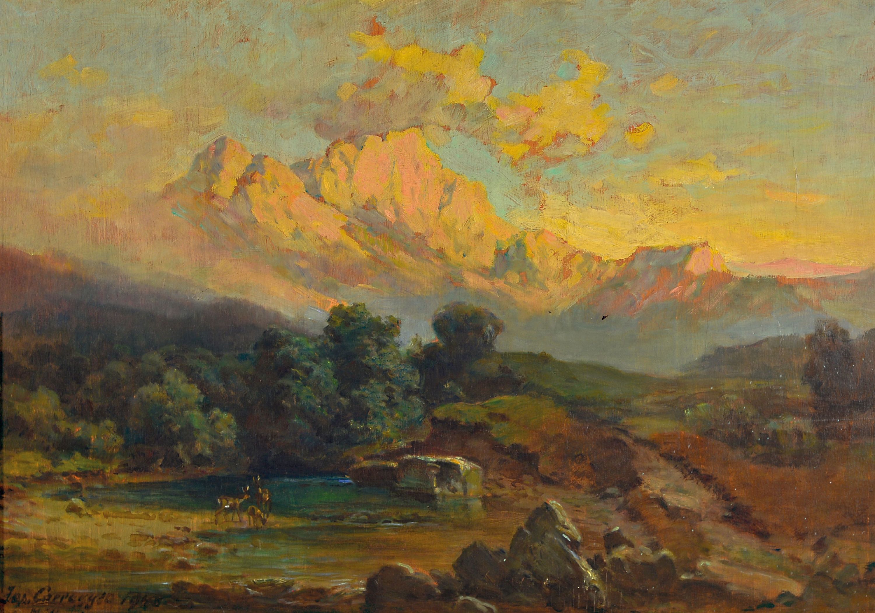 Image 26987024 - Josef Corregio, Gebirgslandschaft in der Dämmerung, im Vordergrund Rehe an der Tränke, ...