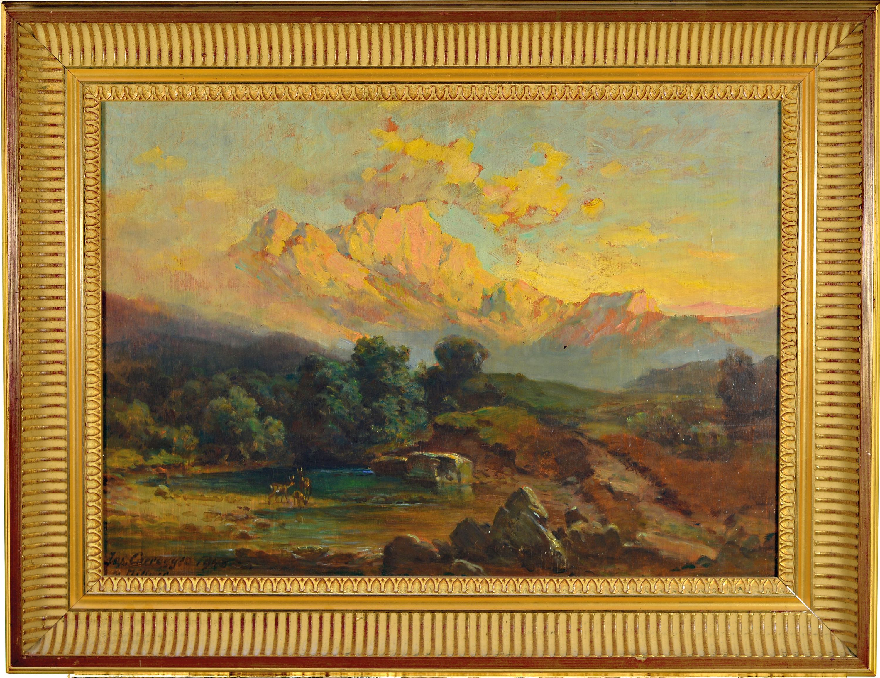 Detail k: Josef Corregio, Gebirgslandschaft in der Dämmerung, im Vordergrund Rehe an der Tränke, Öl/Holz, signiert und dat. München 1940, ca. 49 x 70 cm, ...