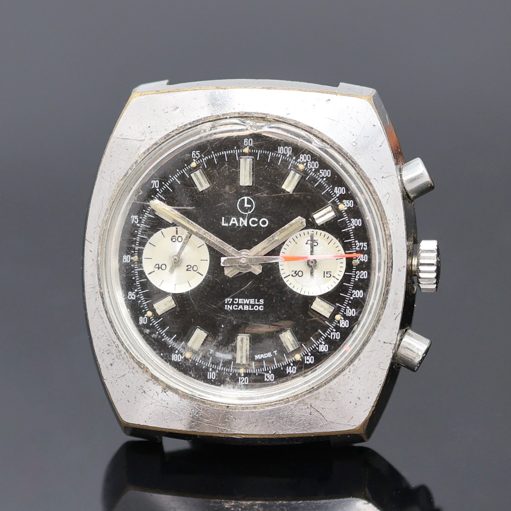 Detail a: LANCO / LATINO 2 Herrenchronographen Kaliber Valjoux 7733, Schweiz um 1970, Handaufzug, 2-tlg. Geh. m. verschr. Stahlboden, 1) LANCO, verchr. Geh. ...