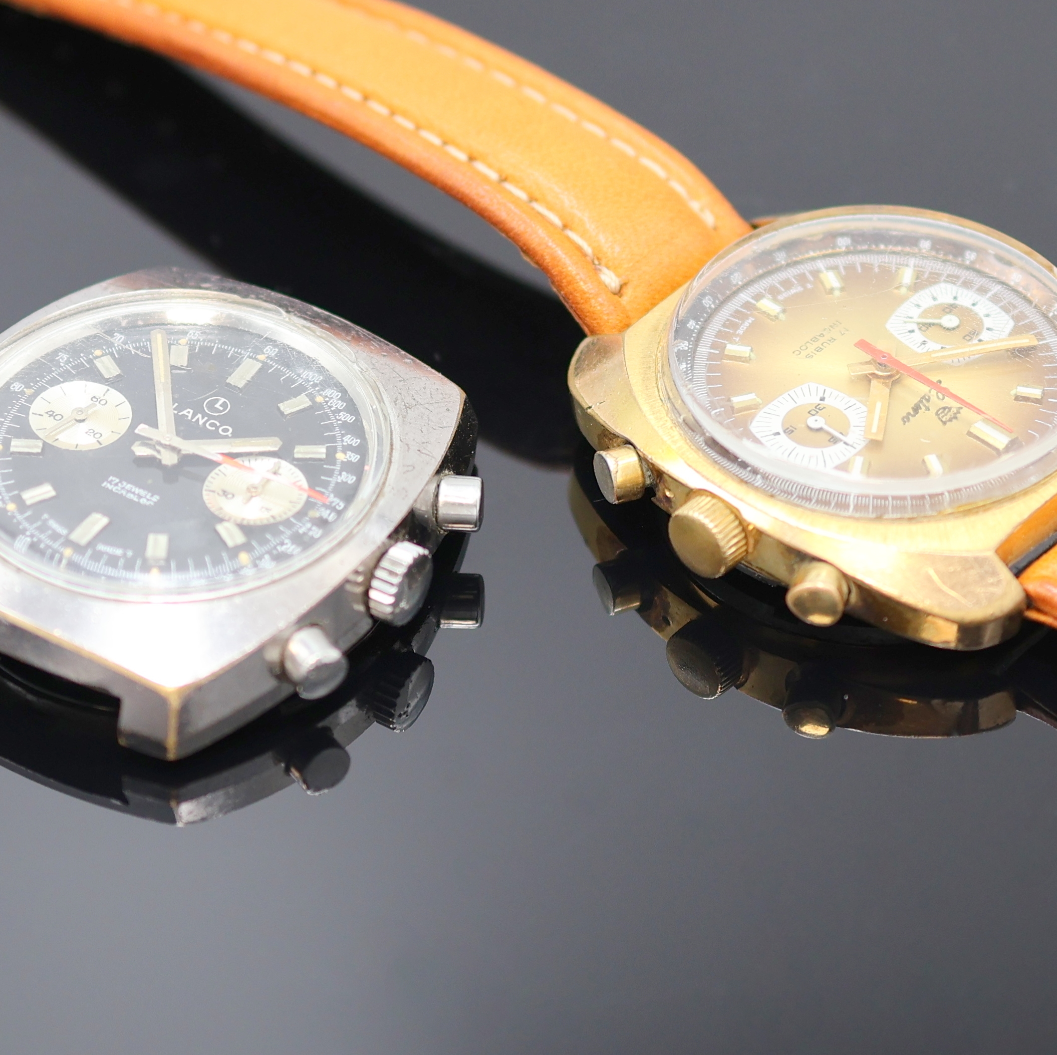 Detail c: LANCO / LATINO 2 Herrenchronographen Kaliber Valjoux 7733, Schweiz um 1970, Handaufzug, 2-tlg. Geh. m. verschr. Stahlboden, 1) LANCO, verchr. Geh. ...