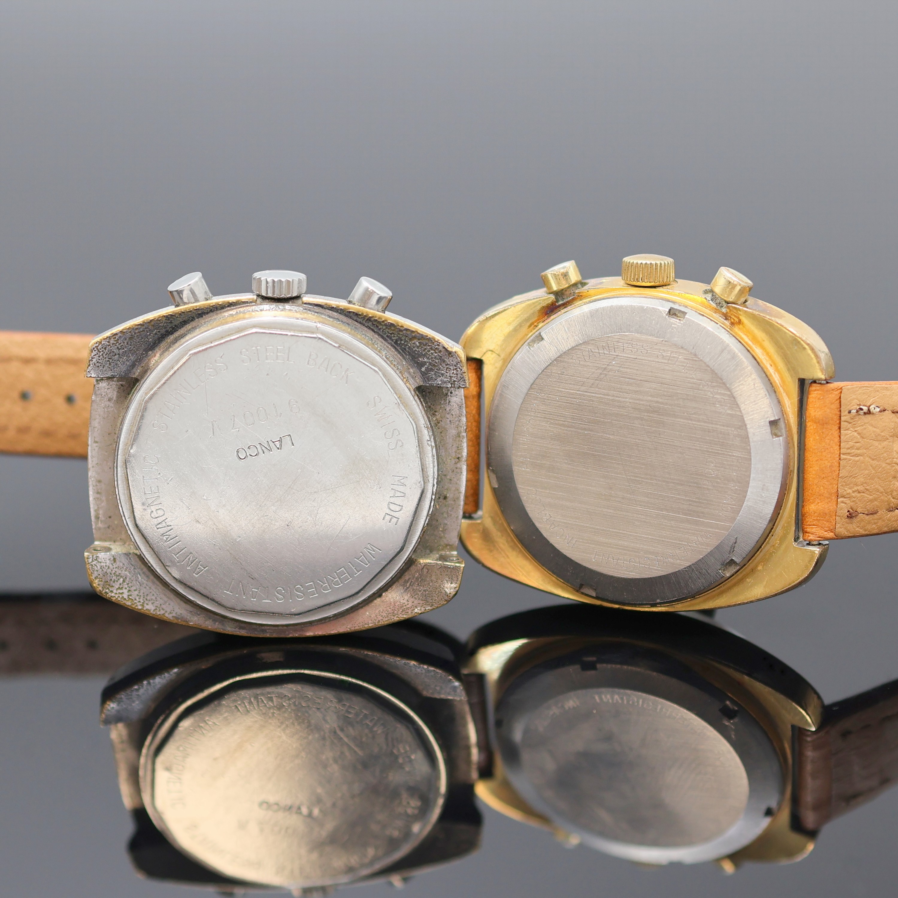 Detail d: LANCO / LATINO 2 Herrenchronographen Kaliber Valjoux 7733, Schweiz um 1970, Handaufzug, 2-tlg. Geh. m. verschr. Stahlboden, 1) LANCO, verchr. Geh. ...